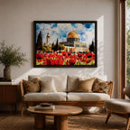 Masjid Aqsa Wall Art Jerusalem Poppy Field Framed Canvas Qubbat Al Sakhrah Islamic Decor