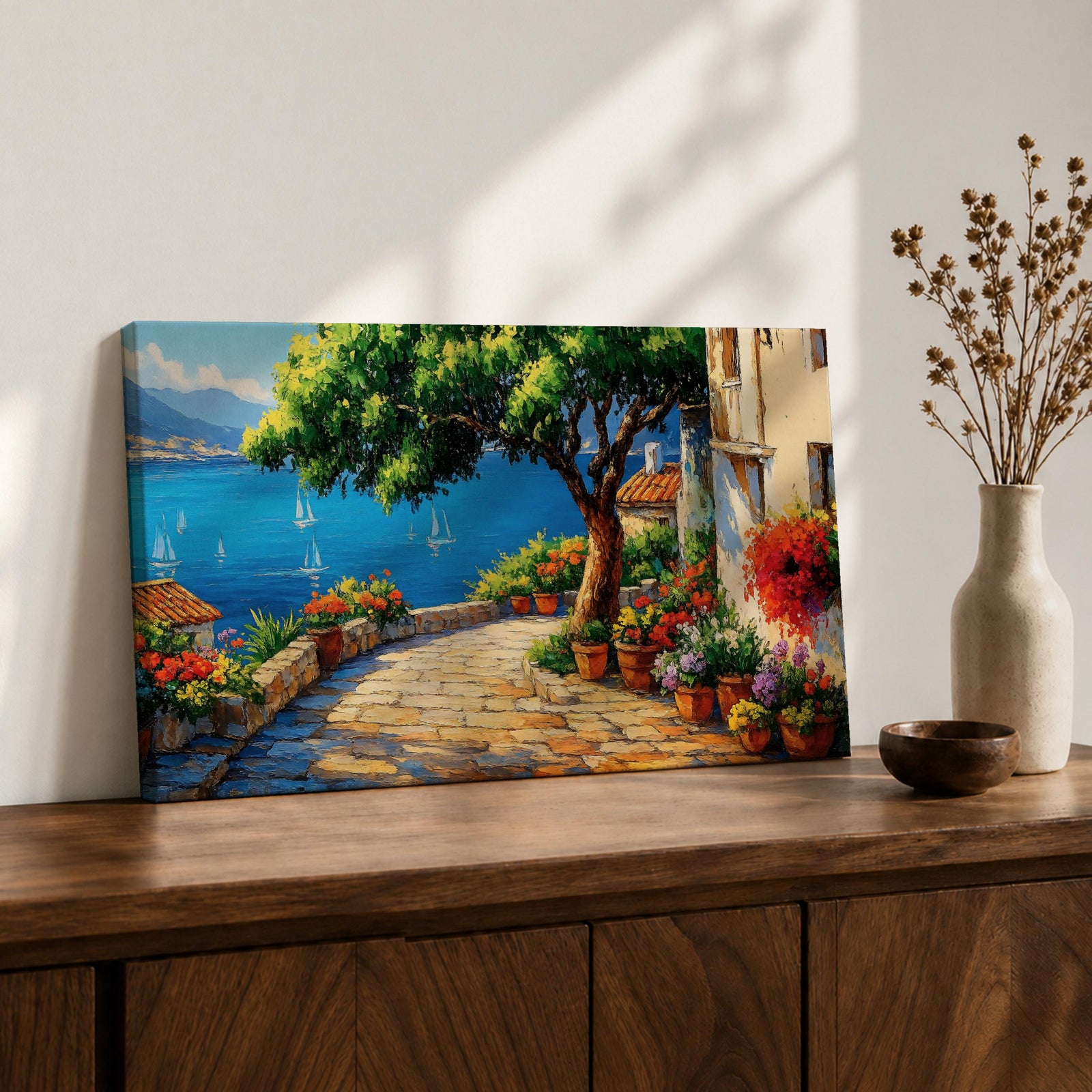 Mediterranean Villa Wall Art Italian Riviera Terrace Framed Canvas Coastal Living Room Decor