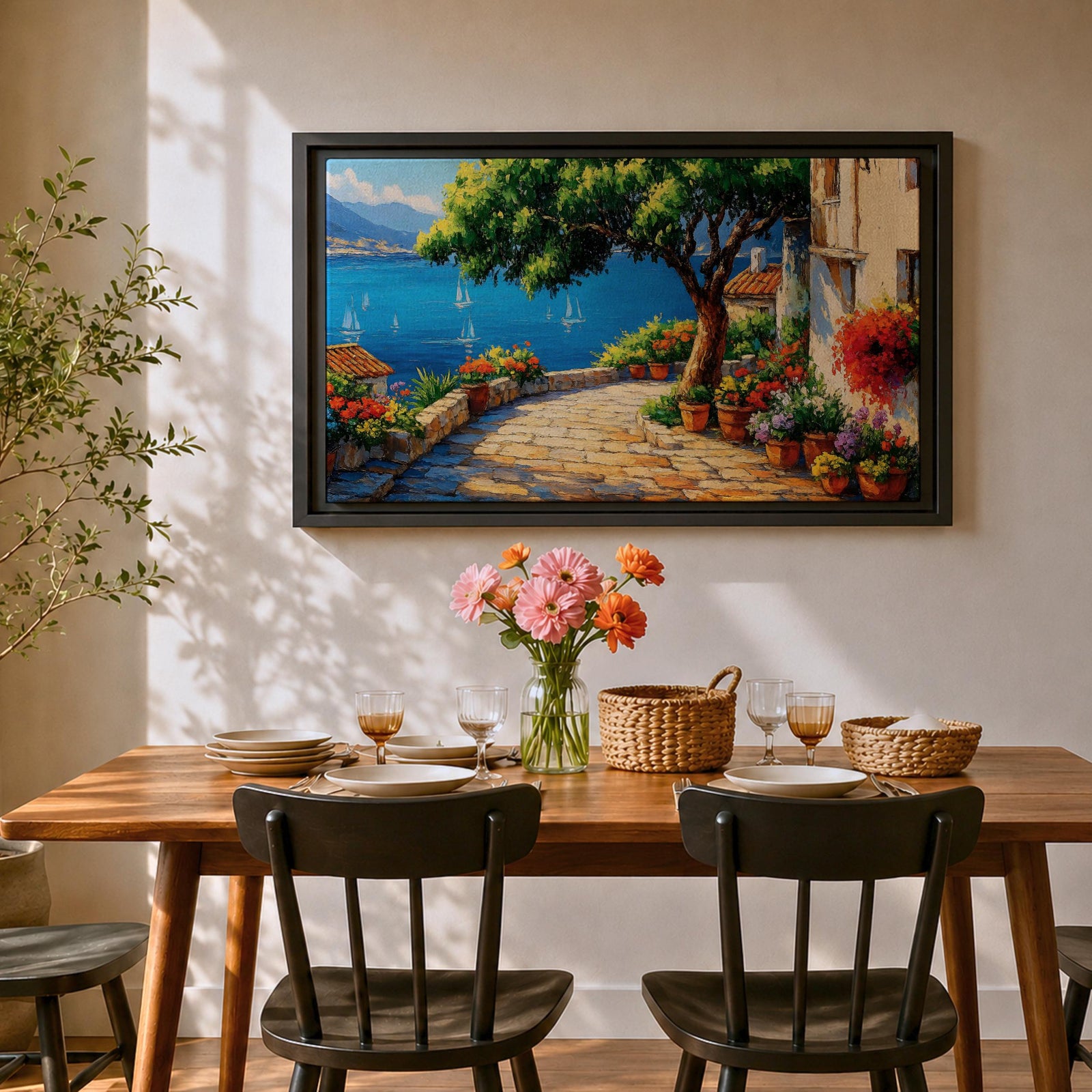 Mediterranean Villa Wall Art Italian Riviera Terrace Framed Canvas Coastal Living Room Decor