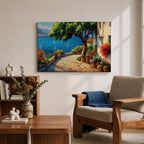 Mediterranean Villa Wall Art Italian Riviera Terrace Framed Canvas Coastal Living Room Decor