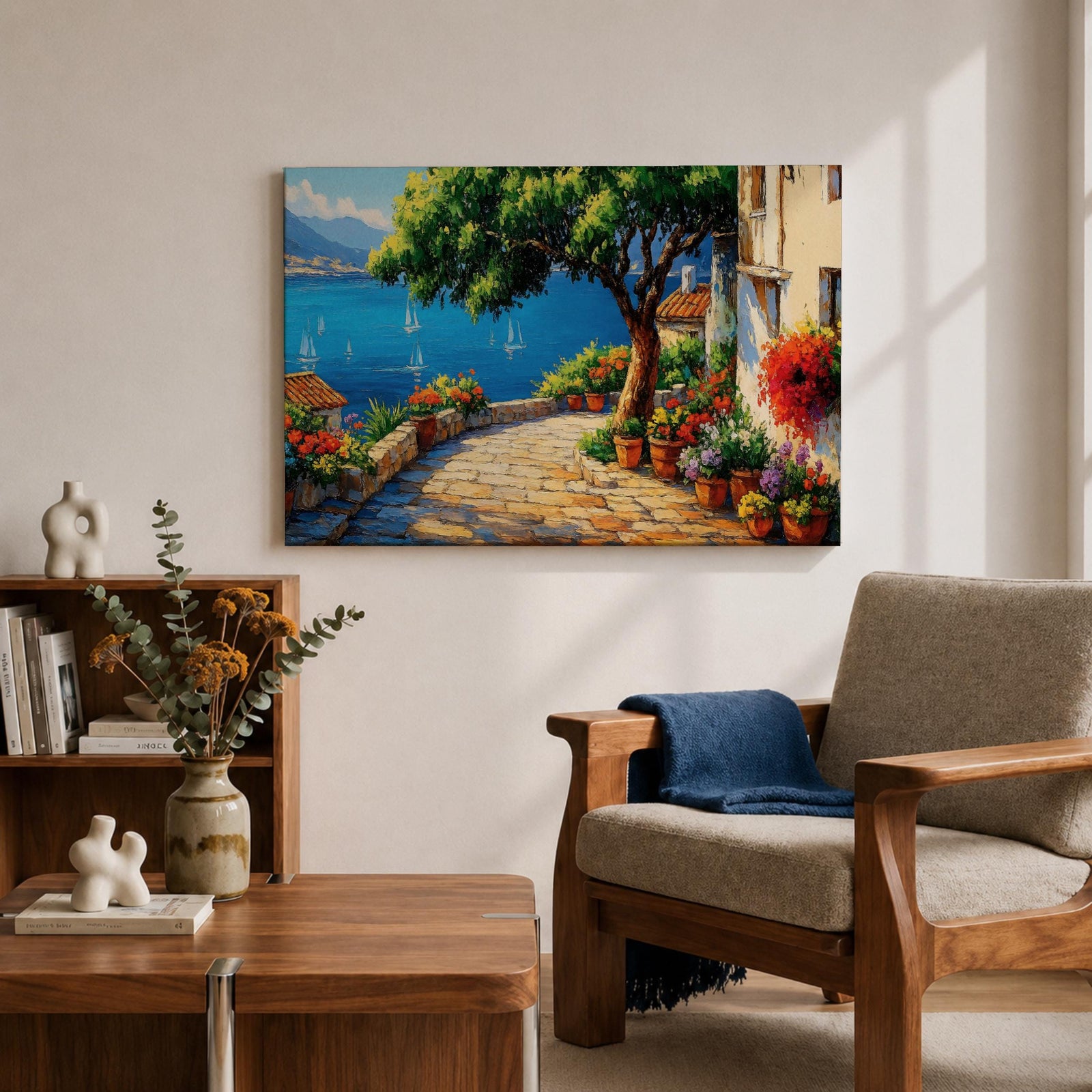 Mediterranean Villa Wall Art Italian Riviera Terrace Framed Canvas Coastal Living Room Decor