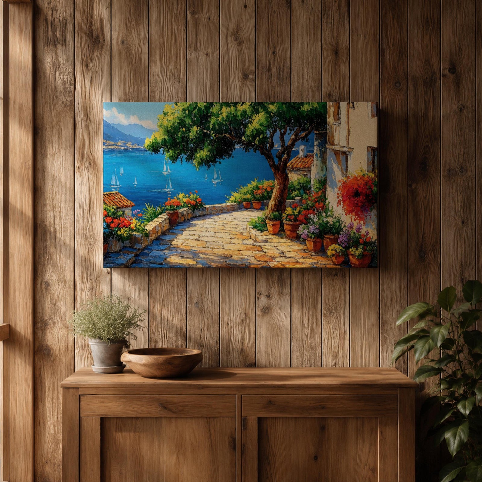 Mediterranean Villa Wall Art Italian Riviera Terrace Framed Canvas Coastal Living Room Decor