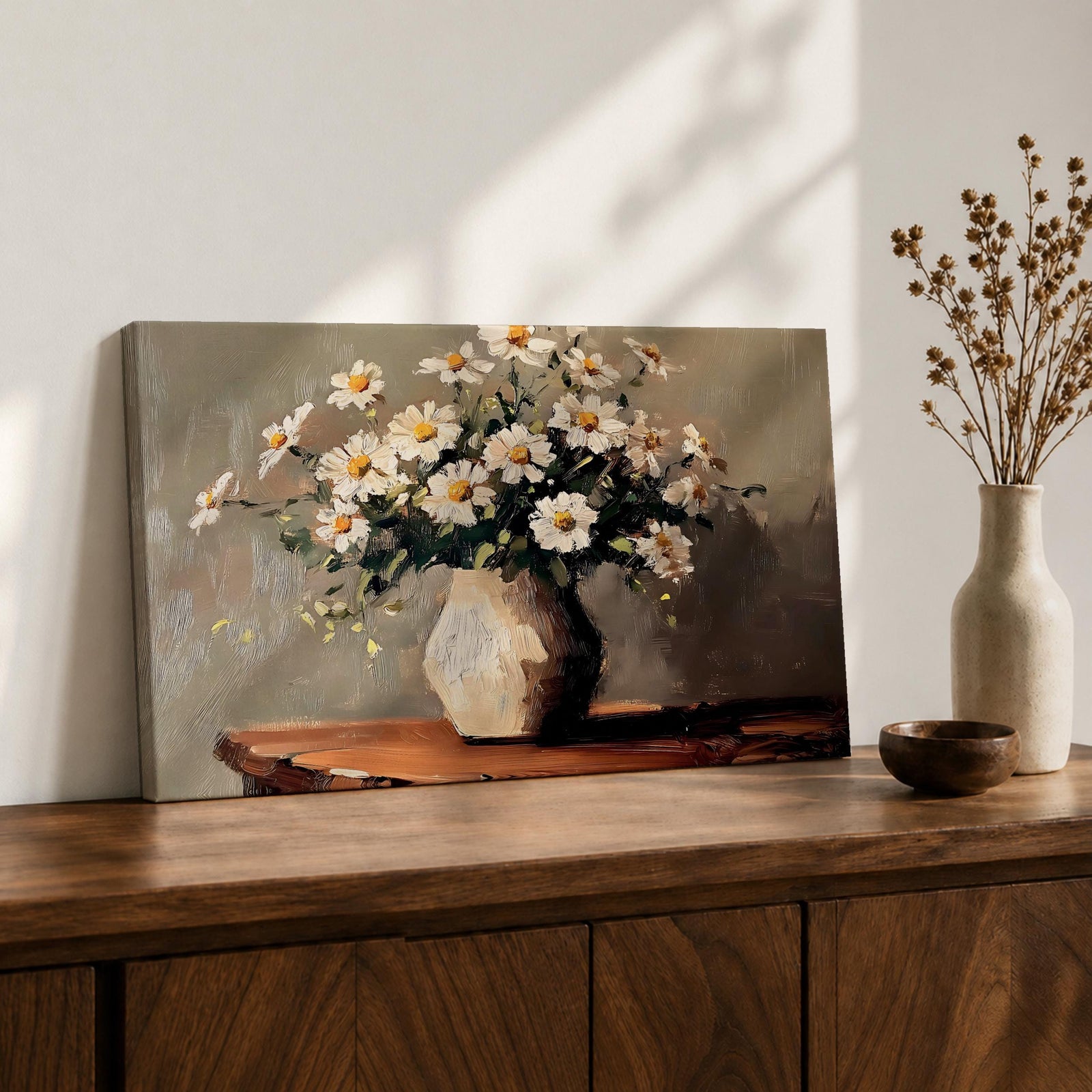 Oxeye Daisy Wall Art Floral Vase Framed Canvas Farmhouse Impasto Botanical Bedroom Home Decor