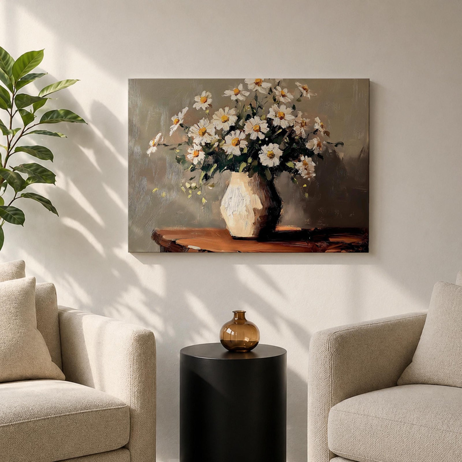 Oxeye Daisy Wall Art Floral Vase Framed Canvas Farmhouse Impasto Botanical Bedroom Home Decor