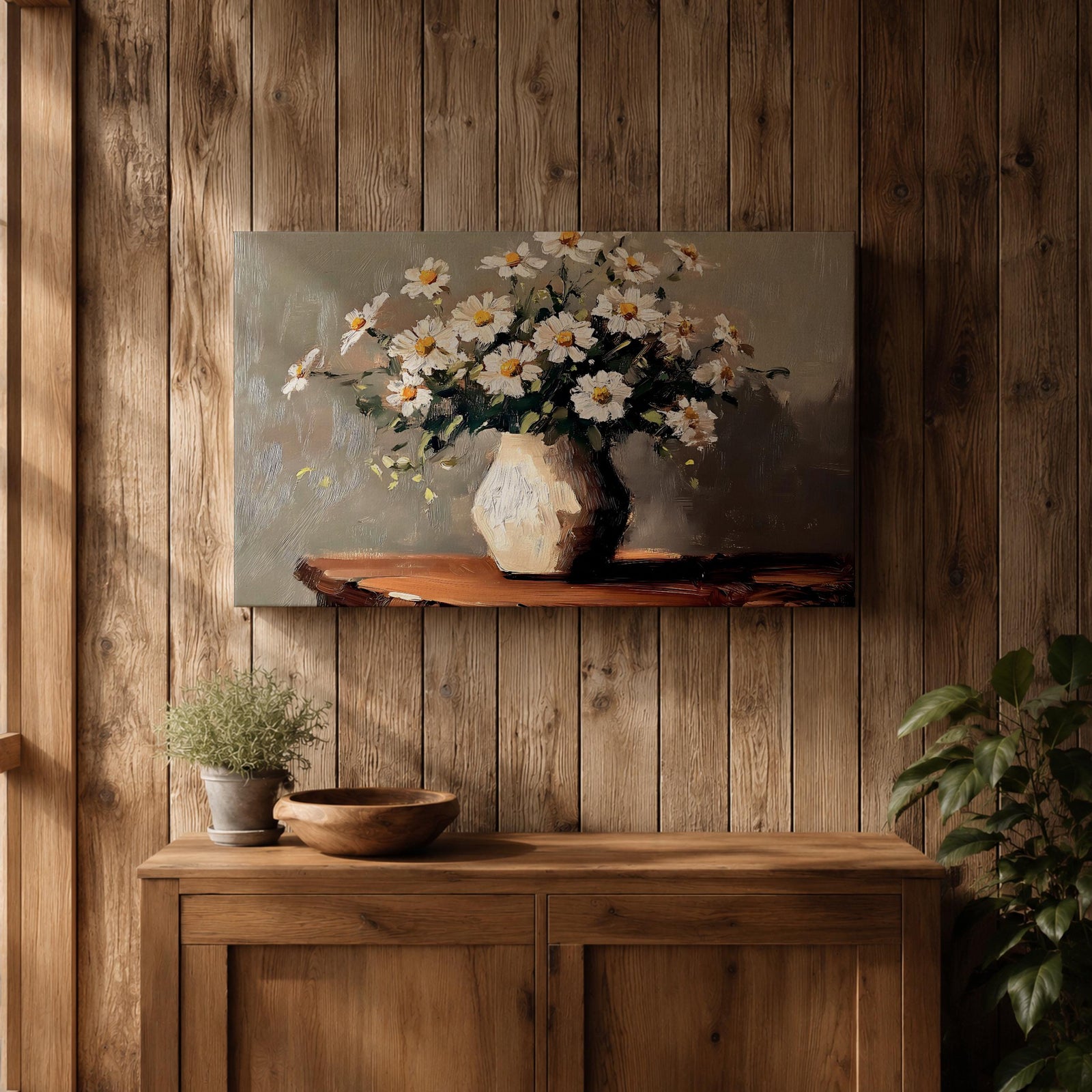 Oxeye Daisy Wall Art Floral Vase Framed Canvas Farmhouse Impasto Botanical Bedroom Home Decor