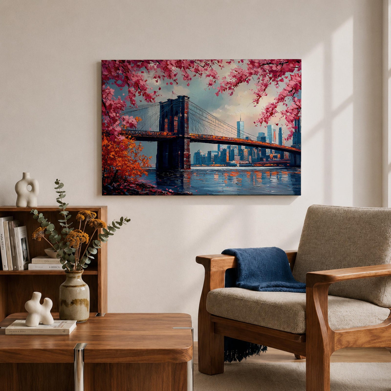 Brooklyn Bridge Wall Art New York Skyline Framed Canvas Impasto Cityscape Home Decor