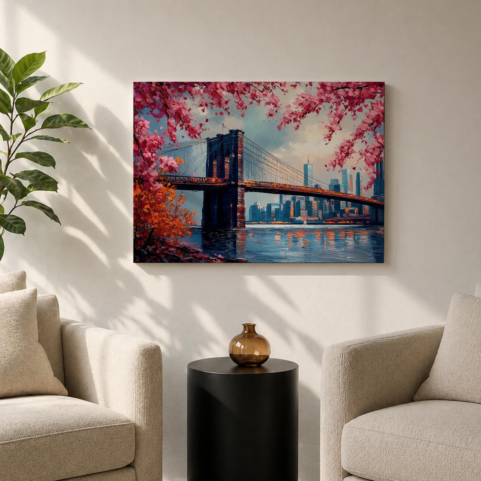 Brooklyn Bridge Wall Art New York Skyline Framed Canvas Impasto Cityscape Home Decor