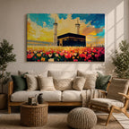 Kaaba Wall Art Floral Field Framed Canvas Baitullah Impasto Mecca Muslim Home Decor