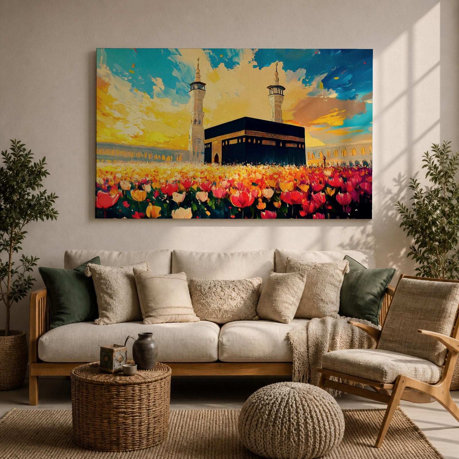 Kaaba Wall Art Floral Field Framed Canvas Baitullah Impasto Mecca Muslim Home Decor