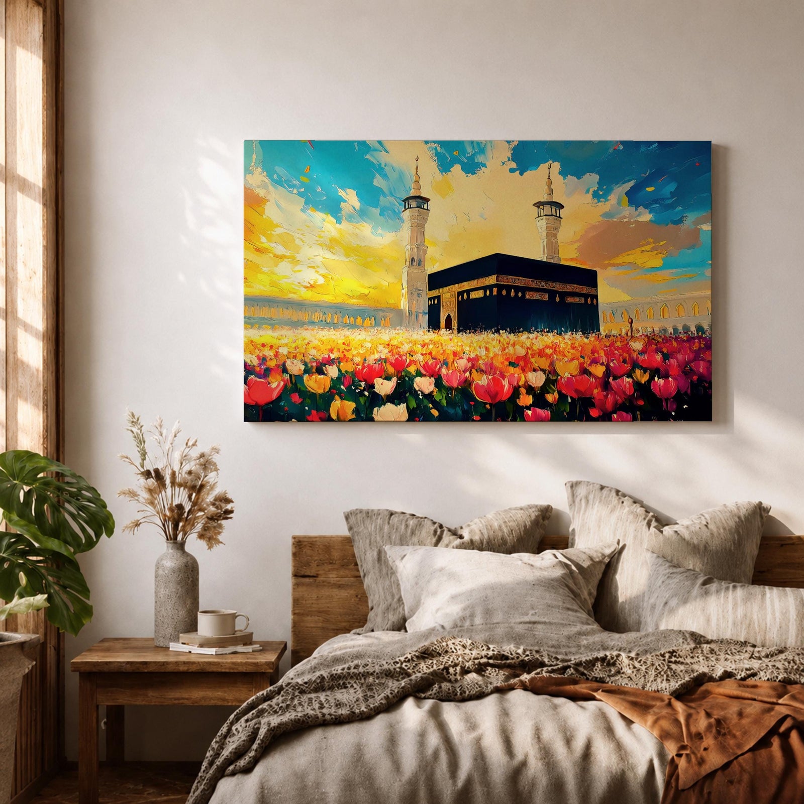 Kaaba Wall Art Floral Field Framed Canvas Baitullah Impasto Mecca Muslim Home Decor