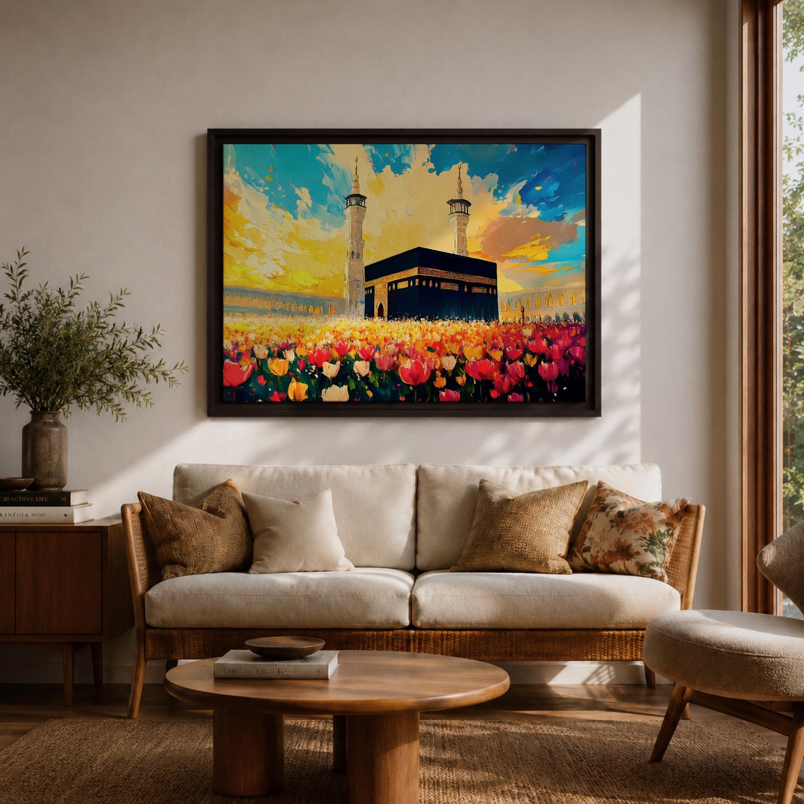 Kaaba Wall Art Floral Field Framed Canvas Baitullah Impasto Mecca Muslim Home Decor