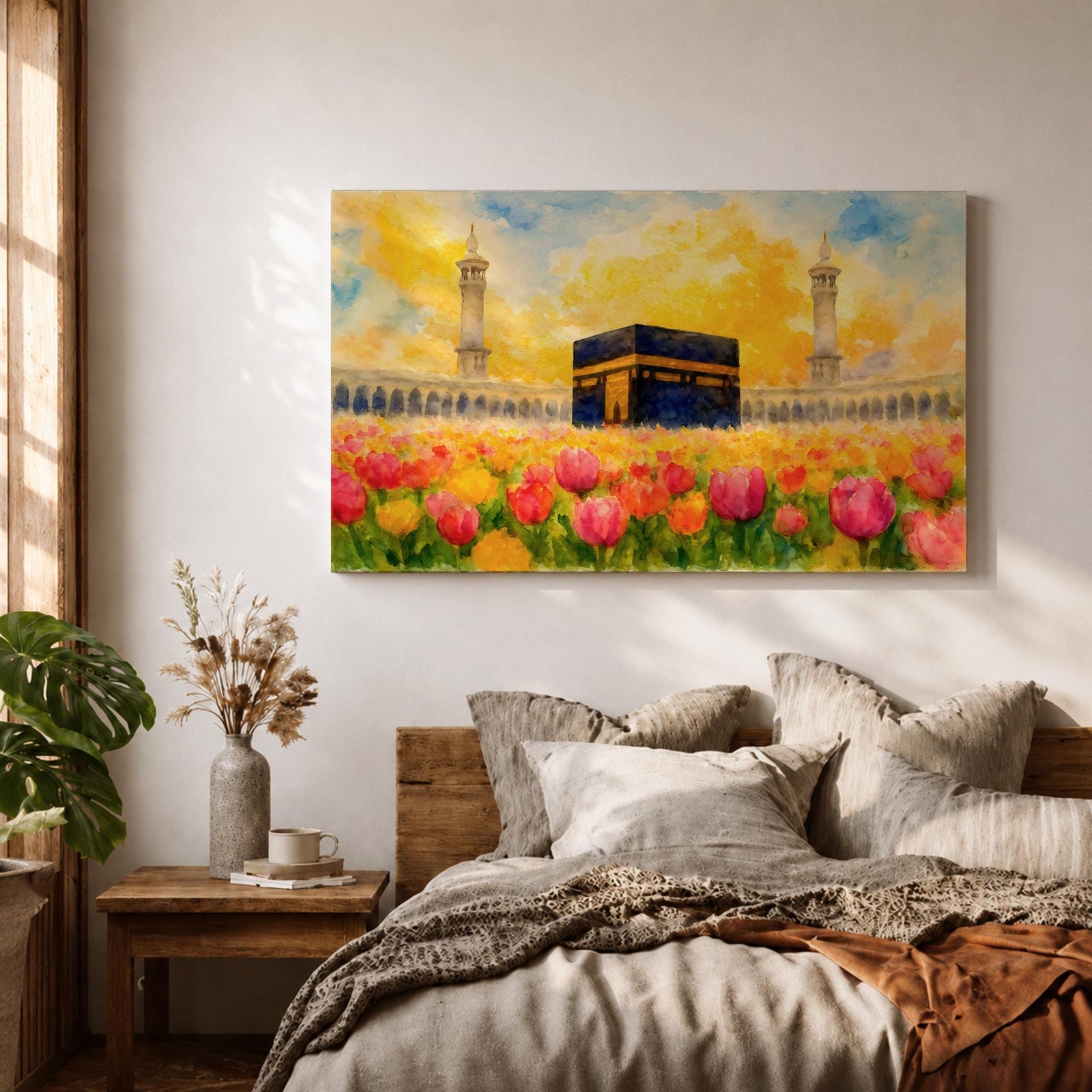 Kaaba Wall Art Tulip Field Framed Canvas Masjid Haram Watercolor Mecca Muslim Home Decor