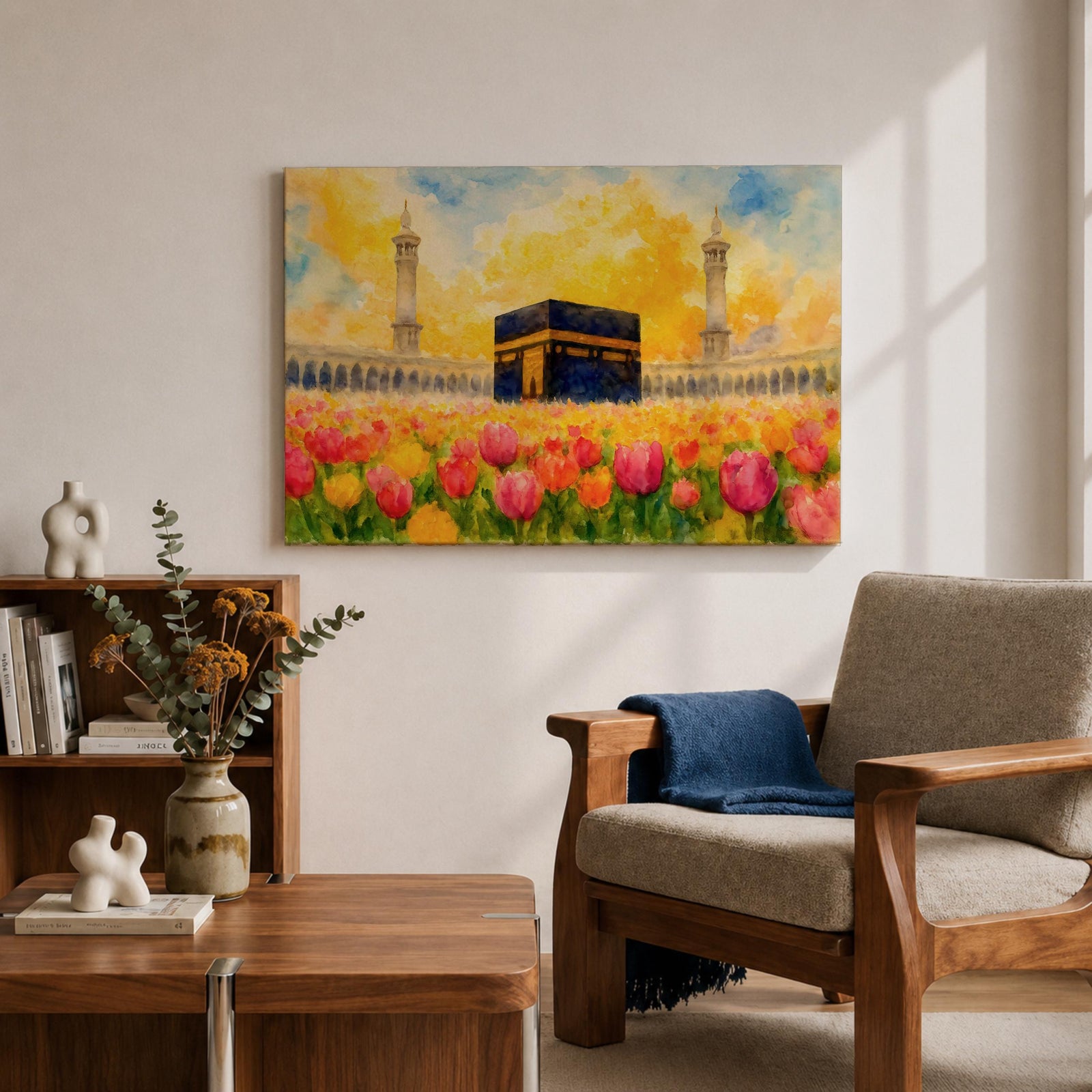 Kaaba Wall Art Tulip Field Framed Canvas Masjid Haram Watercolor Mecca Muslim Home Decor