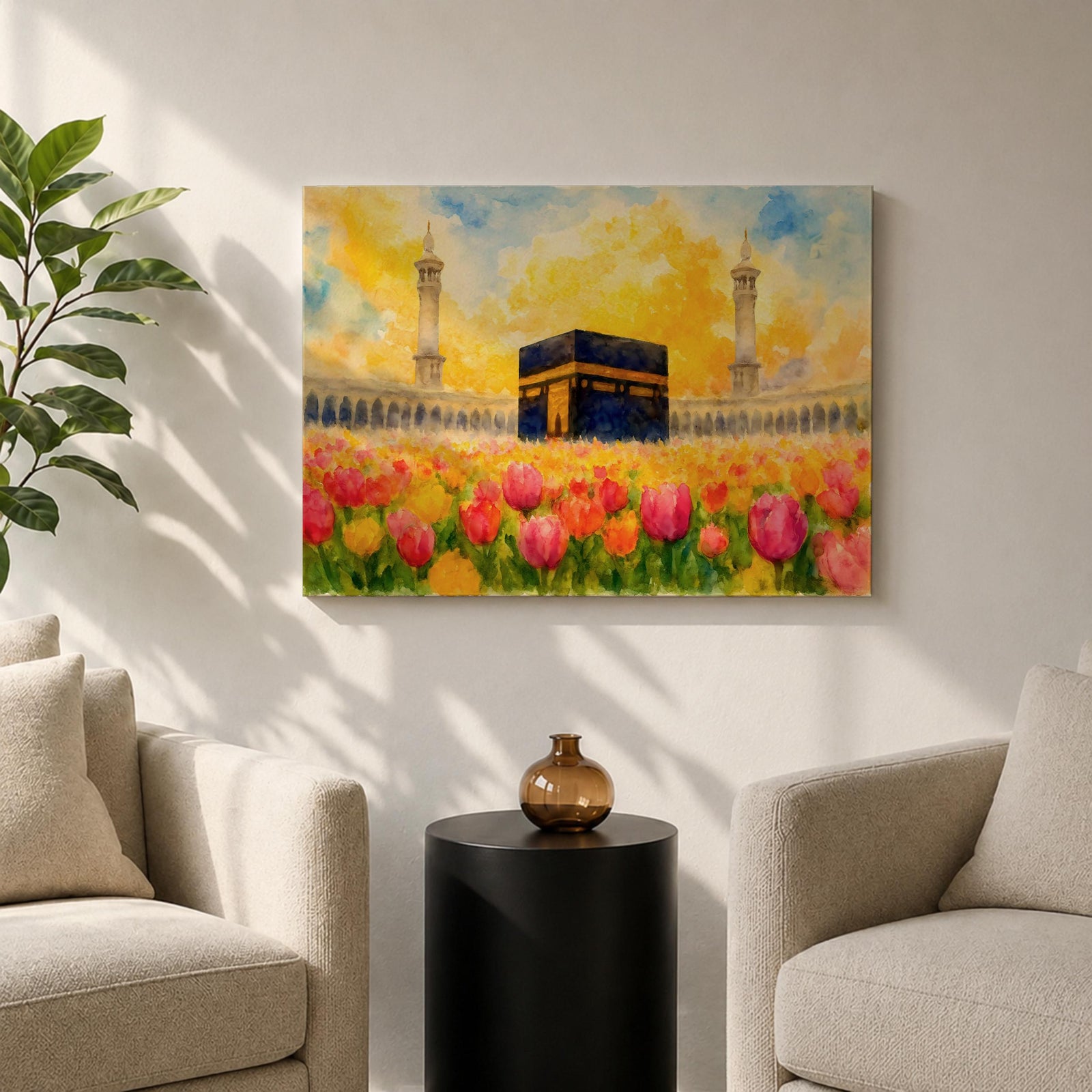 Kaaba Wall Art Tulip Field Framed Canvas Masjid Haram Watercolor Mecca Muslim Home Decor