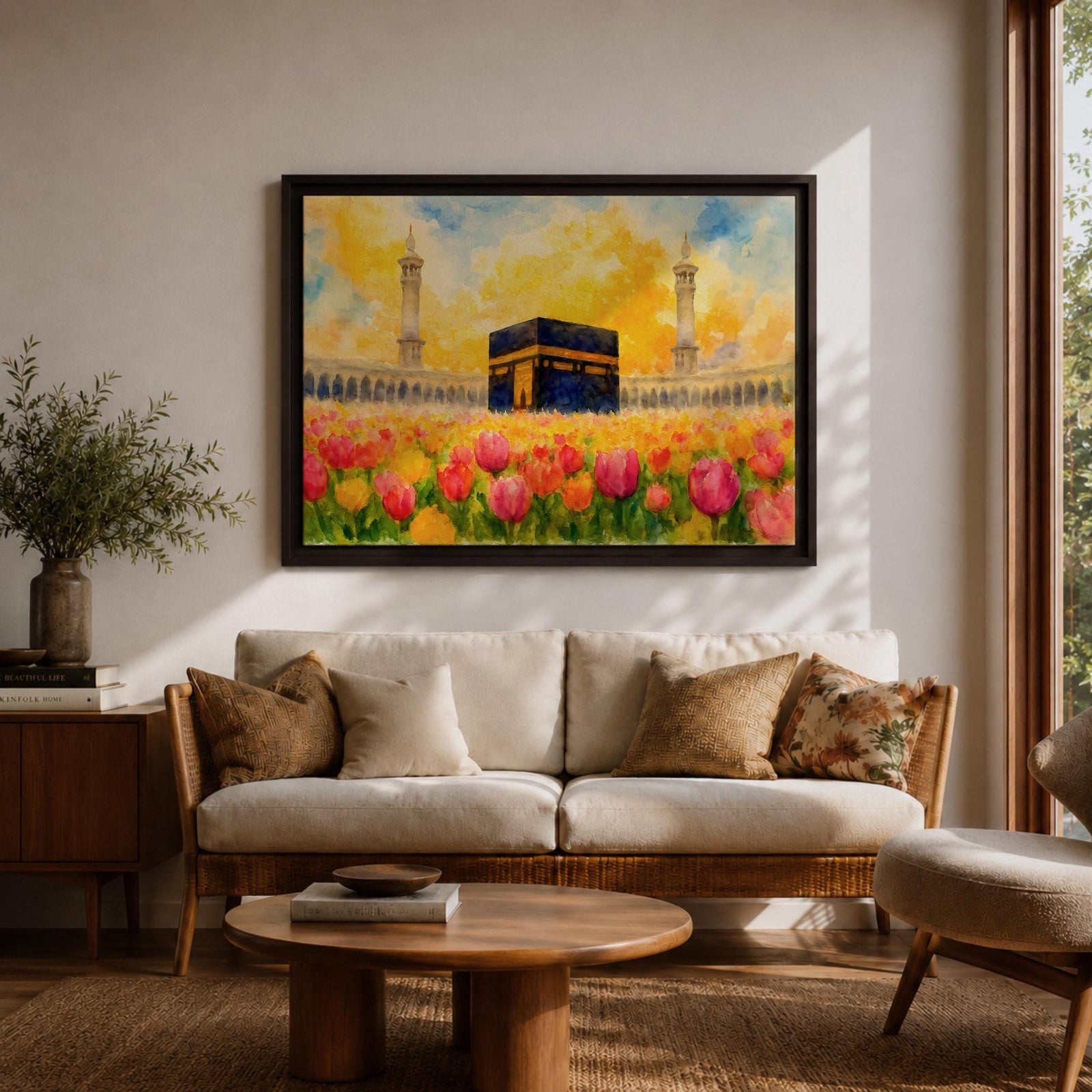 Kaaba Wall Art Tulip Field Framed Canvas Masjid Haram Watercolor Mecca Muslim Home Decor