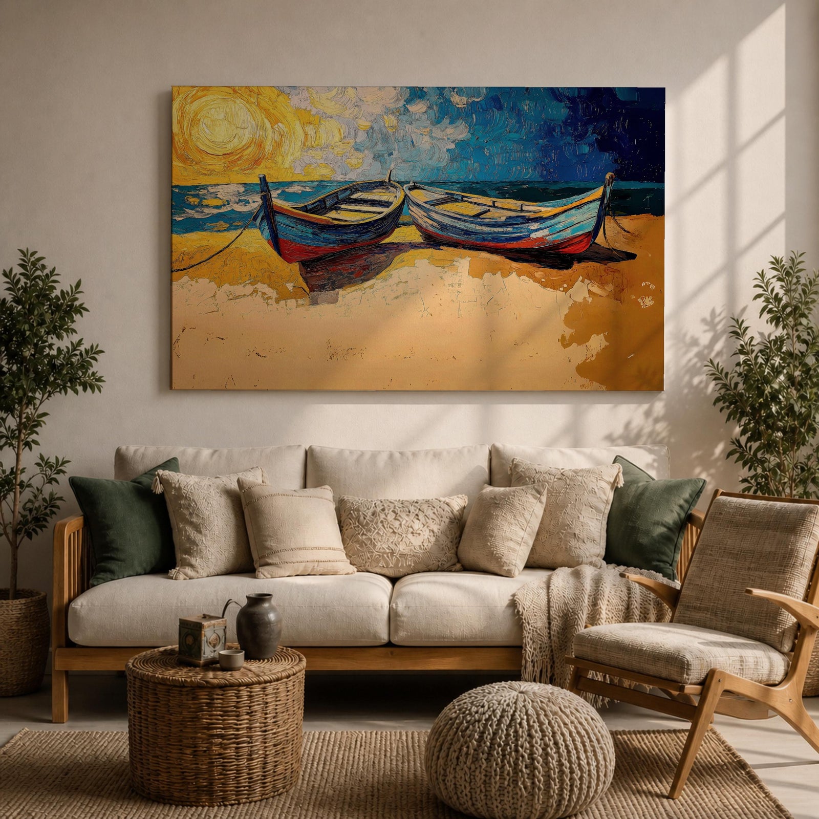 Coastal Boat Wall Art Fishing Boat Seascape Framed Canvas Nautical Impasto Living Room Decor