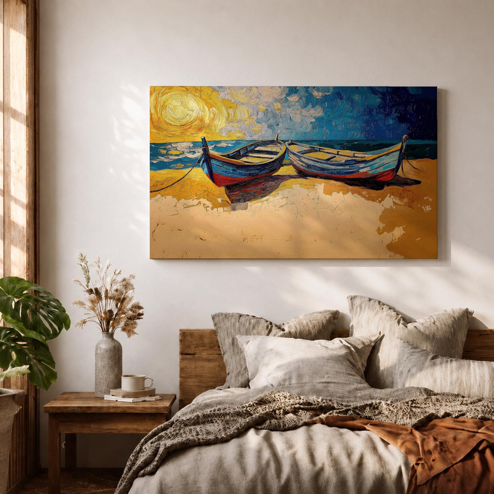 Coastal Boat Wall Art Fishing Boat Seascape Framed Canvas Nautical Impasto Living Room Decor