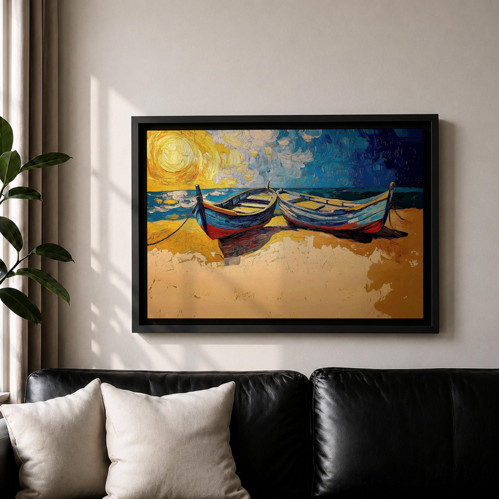 Coastal Boat Wall Art Fishing Boat Seascape Framed Canvas Nautical Impasto Living Room Decor