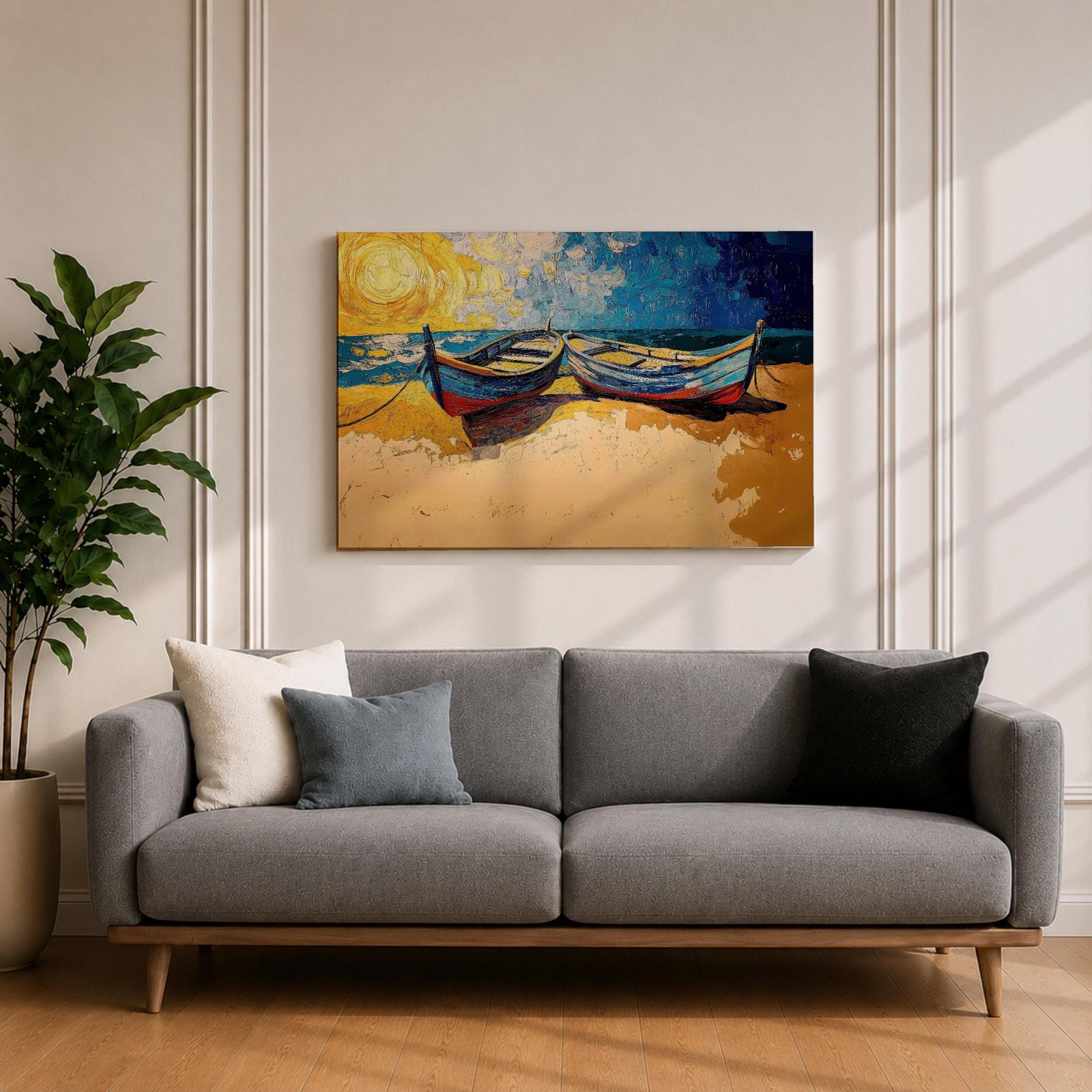 Coastal Boat Wall Art Fishing Boat Seascape Framed Canvas Nautical Impasto Living Room Decor