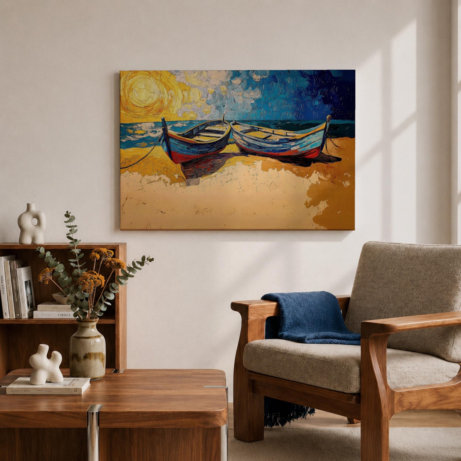 Coastal Boat Wall Art Fishing Boat Seascape Framed Canvas Nautical Impasto Living Room Decor