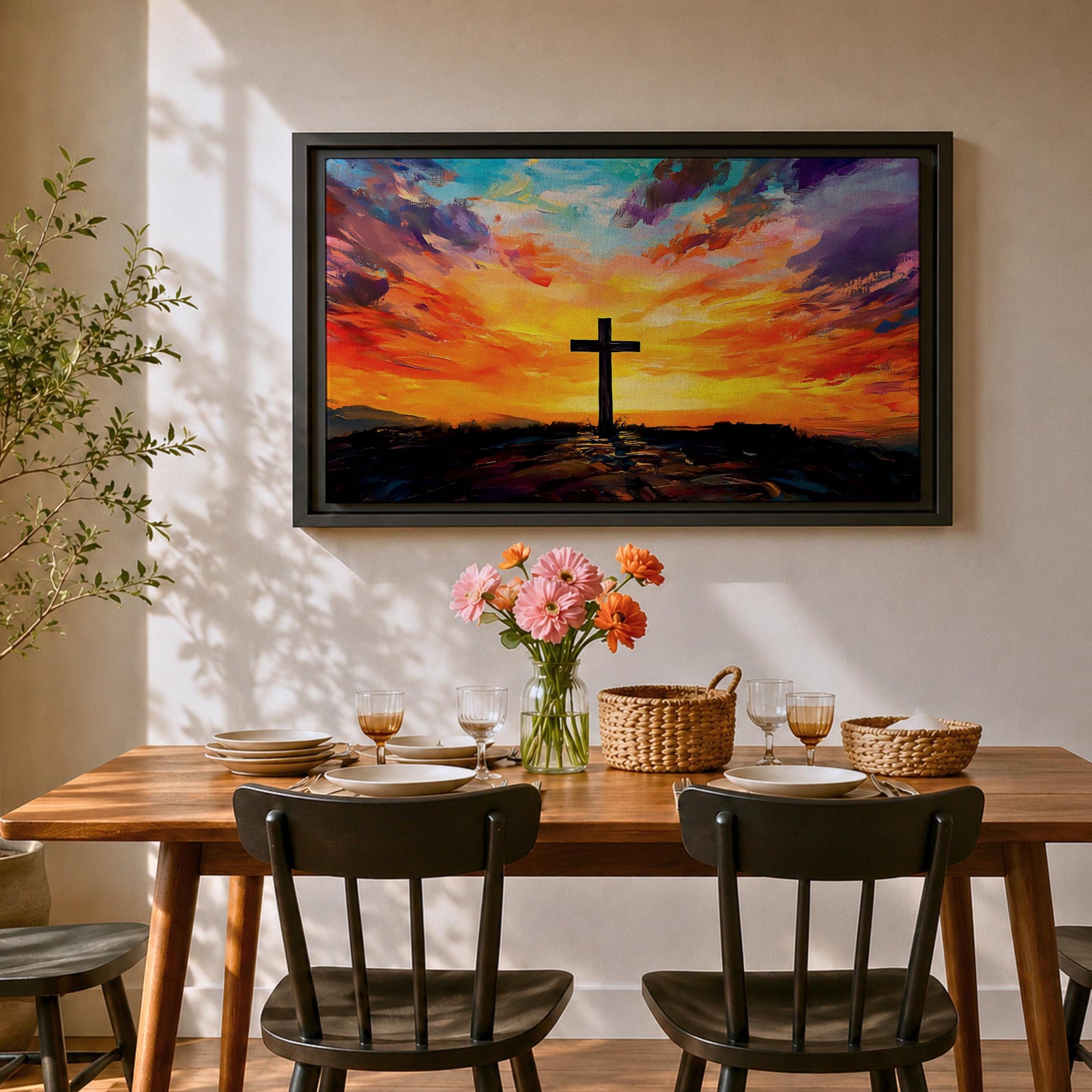 Cross Wall Art Calvary Framed Canvas Christian Impasto Prayer Room Catholic Home Decor