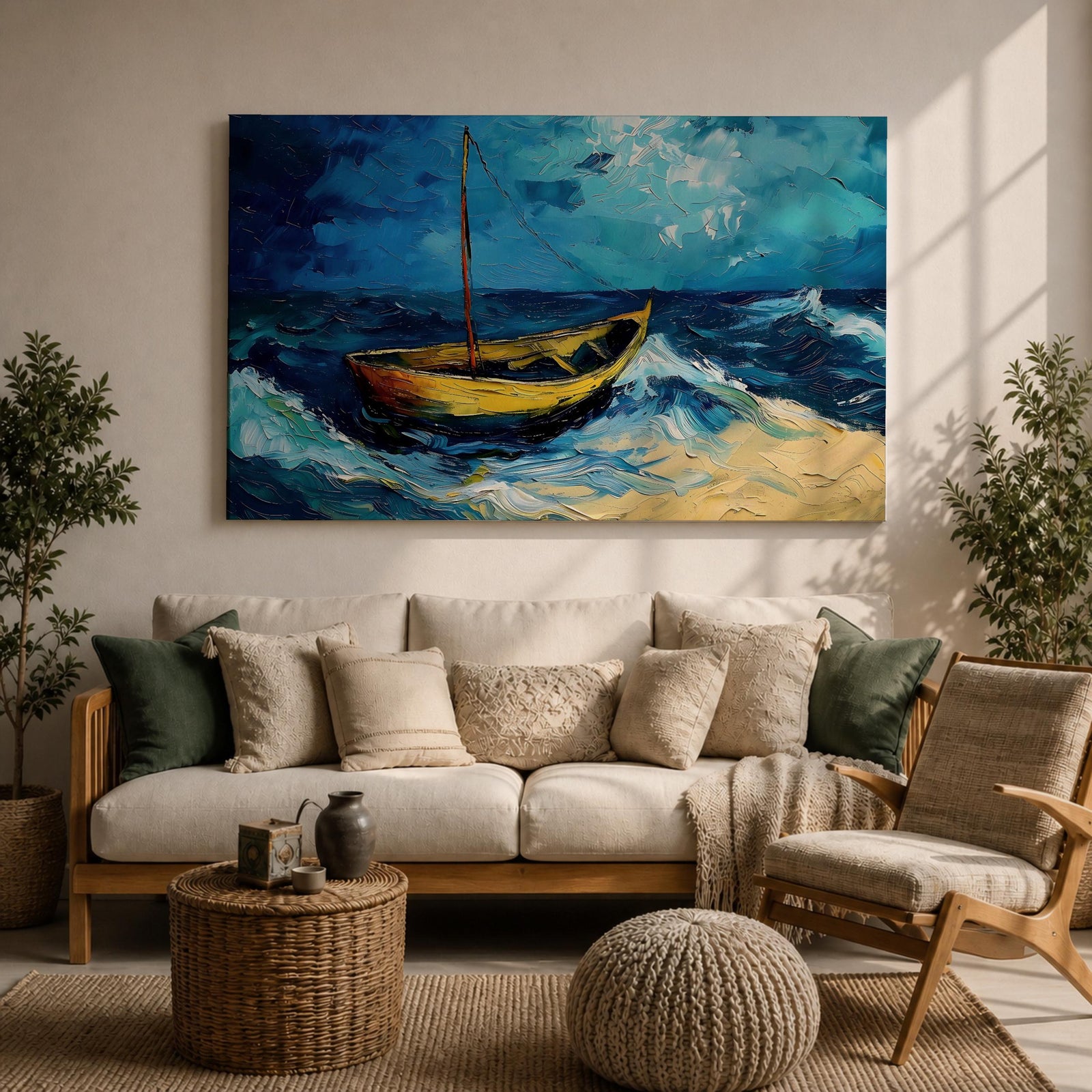 Sailboat Wall Art Ocean Boat Seascape Framed Canvas Nautical Impasto Living Room Decor