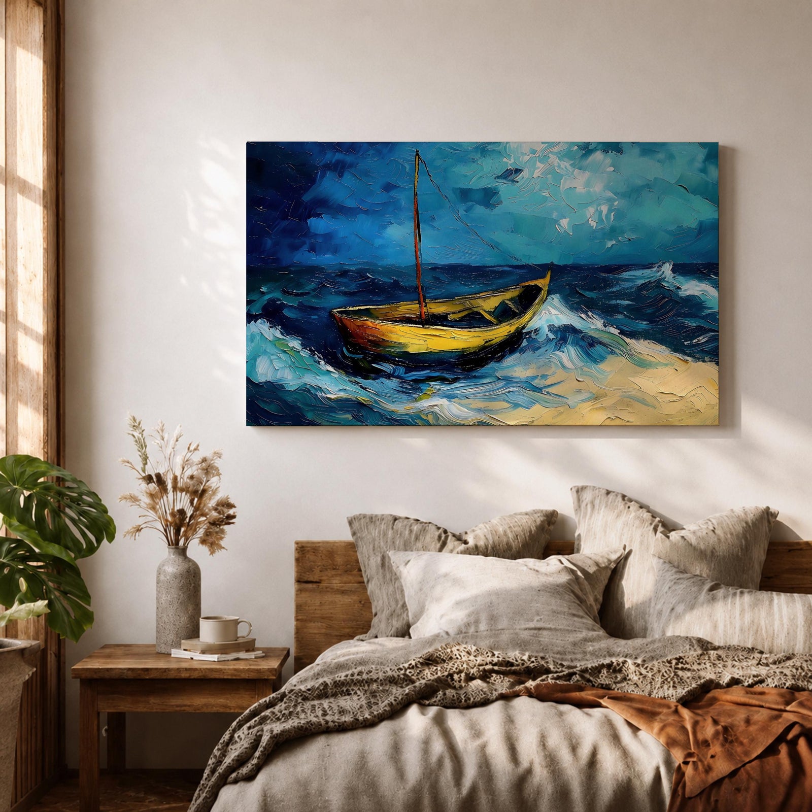 Sailboat Wall Art Ocean Boat Seascape Framed Canvas Nautical Impasto Living Room Decor
