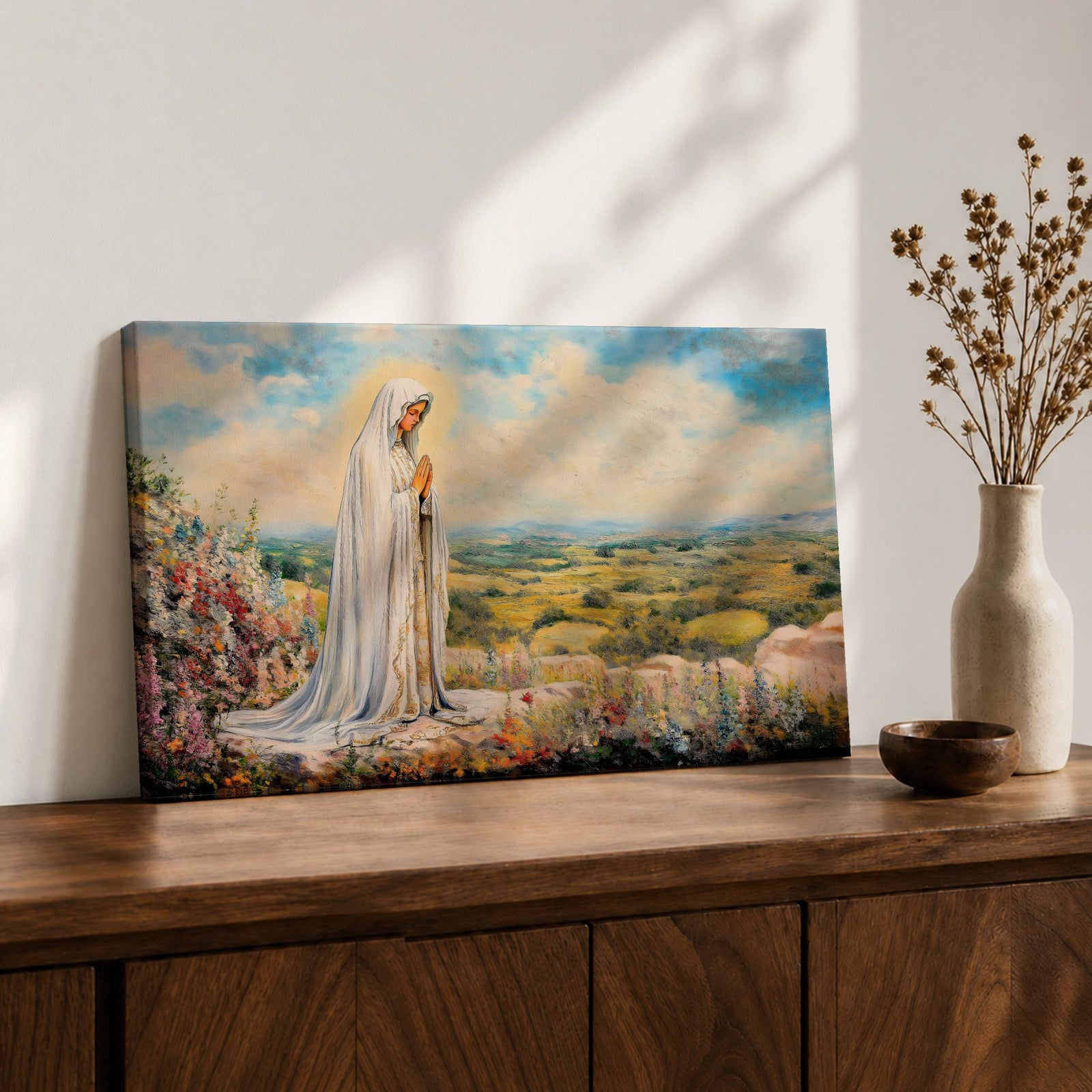 Virgin Mary Apparition Wall Art Our Lady of Fatima Framed Canvas Catholic Prayer Decor