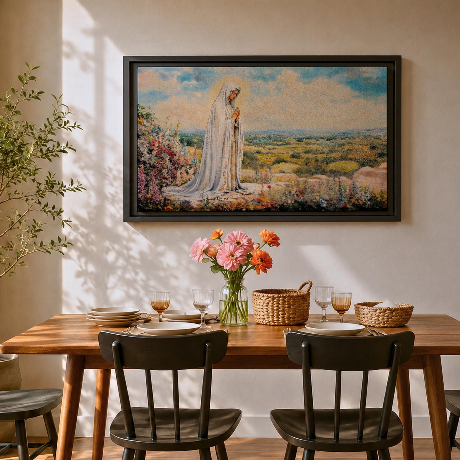 Virgin Mary Apparition Wall Art Our Lady of Fatima Framed Canvas Catholic Prayer Decor
