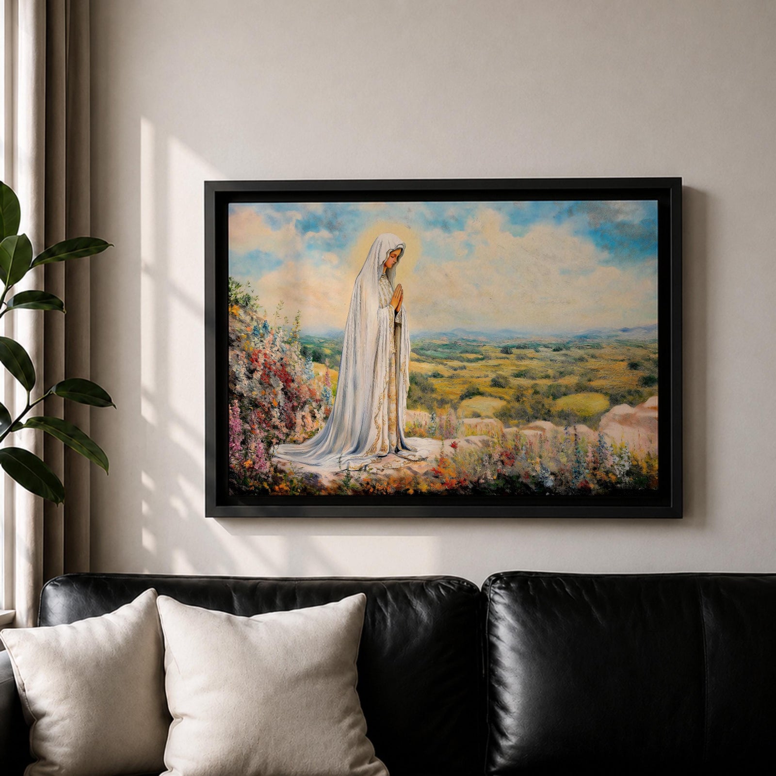 Virgin Mary Apparition Wall Art Our Lady of Fatima Framed Canvas Catholic Prayer Decor