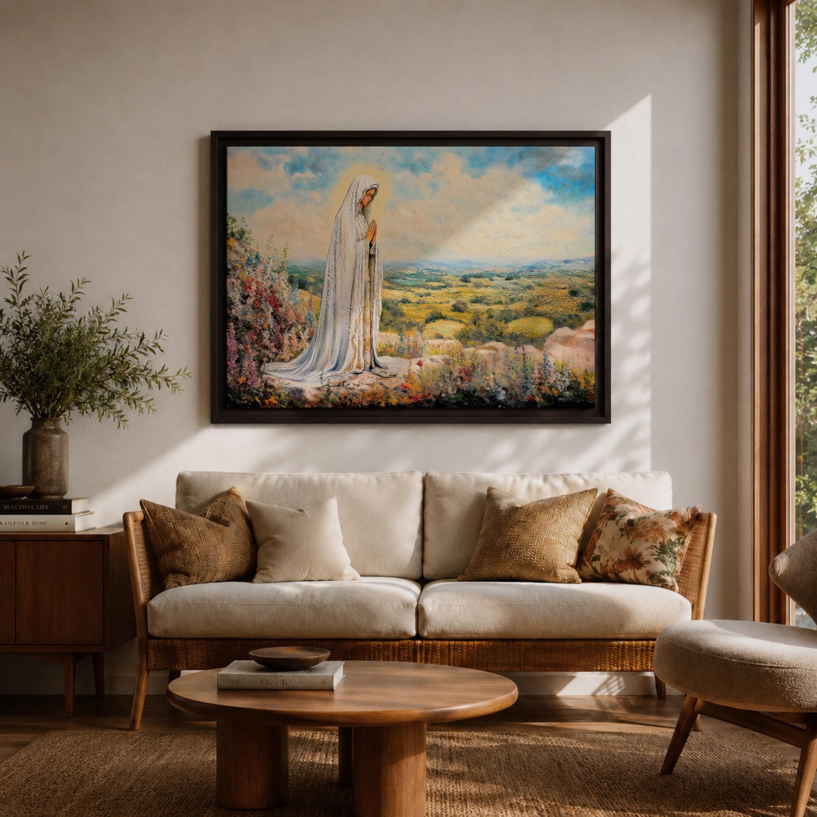 Virgin Mary Apparition Wall Art Our Lady of Fatima Framed Canvas Catholic Prayer Decor
