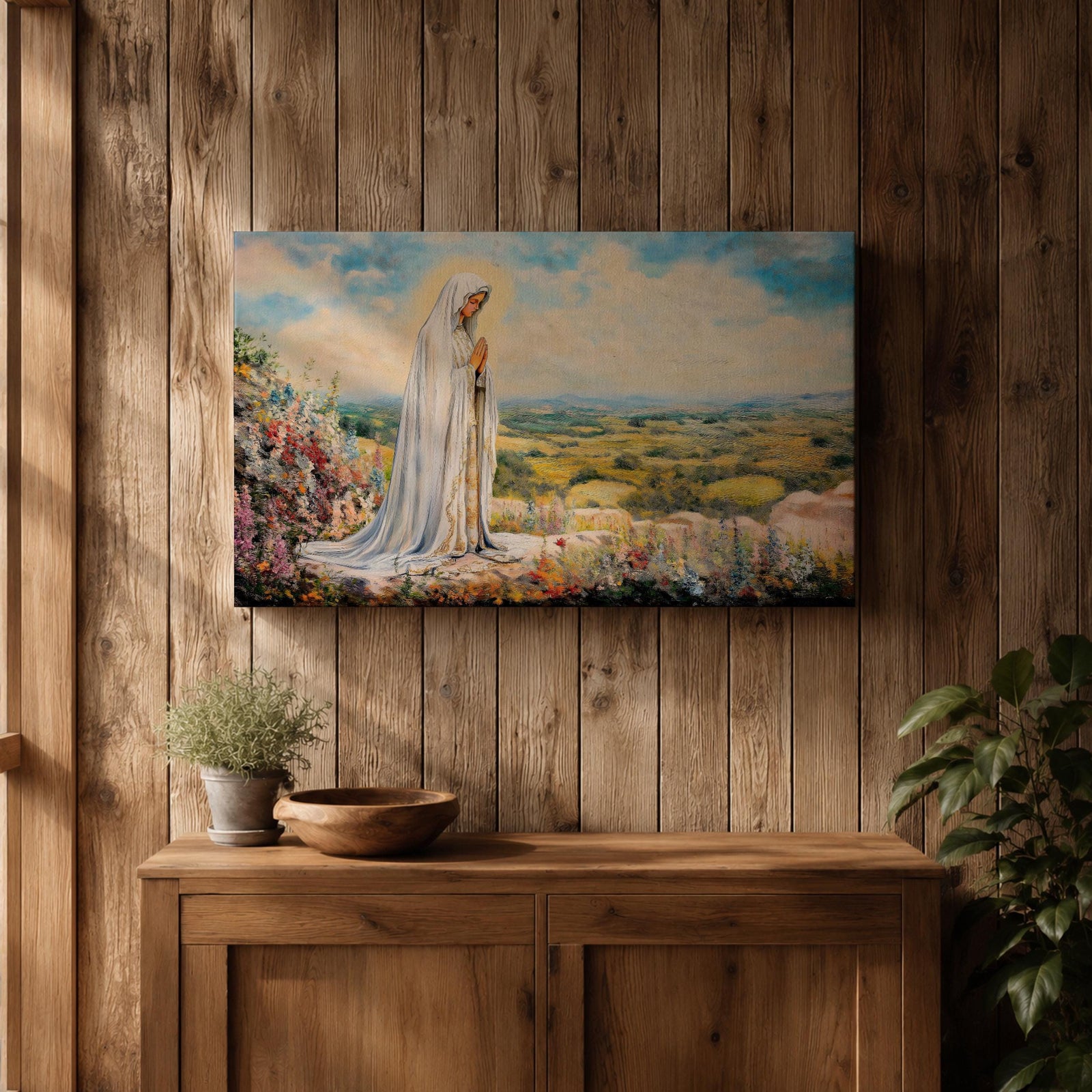 Virgin Mary Apparition Wall Art Our Lady of Fatima Framed Canvas Catholic Prayer Decor