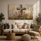 Cross Wall Art Wildflower Field Framed Canvas Rustic Christian Floral Home Decor