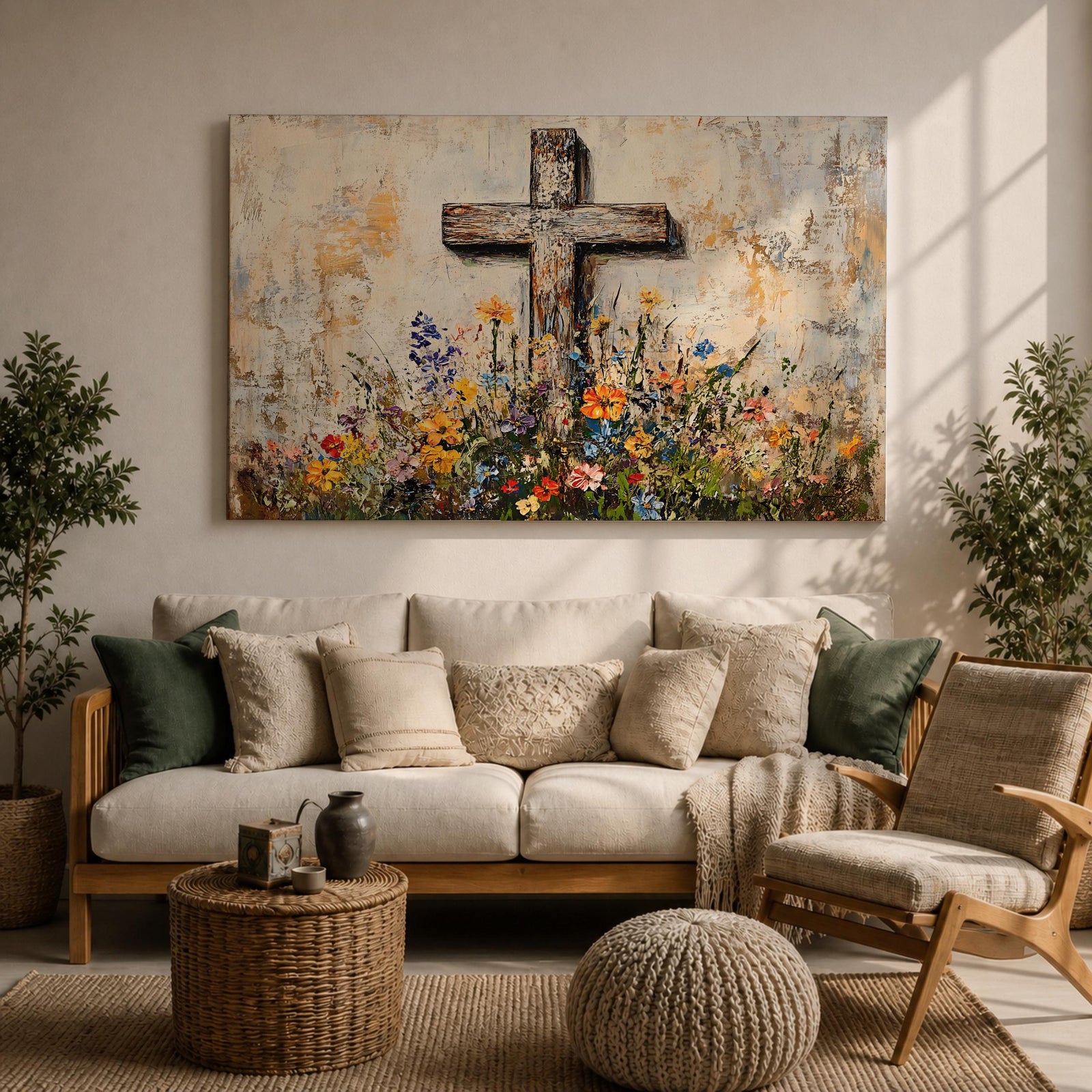 Cross Wall Art Wildflower Field Framed Canvas Rustic Christian Floral Home Decor