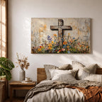 Cross Wall Art Wildflower Field Framed Canvas Rustic Christian Floral Home Decor