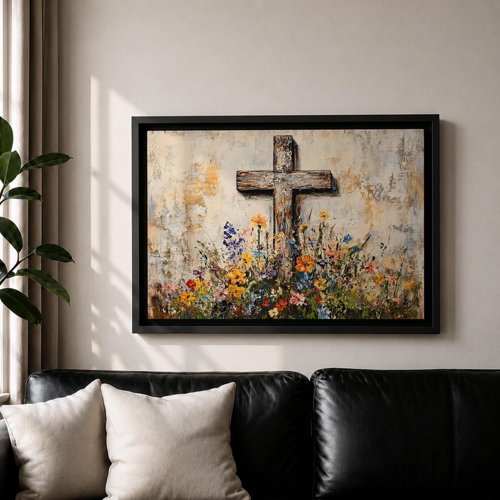 Cross Wall Art Wildflower Field Framed Canvas Rustic Christian Floral Home Decor