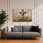 Cross Wall Art Wildflower Field Framed Canvas Rustic Christian Floral Home Decor