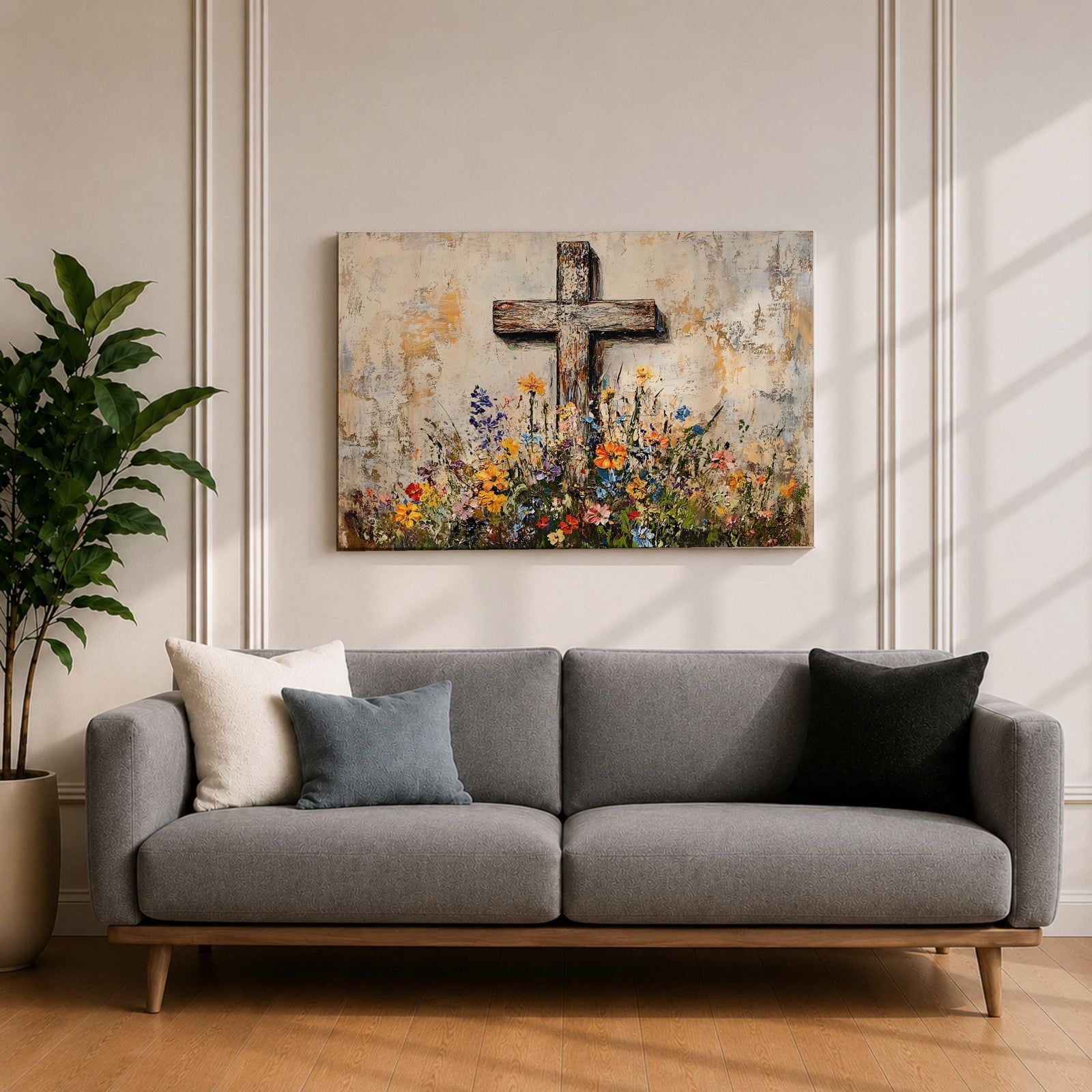 Cross Wall Art Wildflower Field Framed Canvas Rustic Christian Floral Home Decor