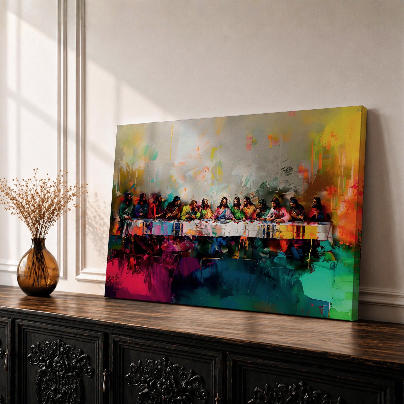 Last Supper Wall Art Jesus and Apostles Framed Canvas Abstract Christian Prayer Home Decor
