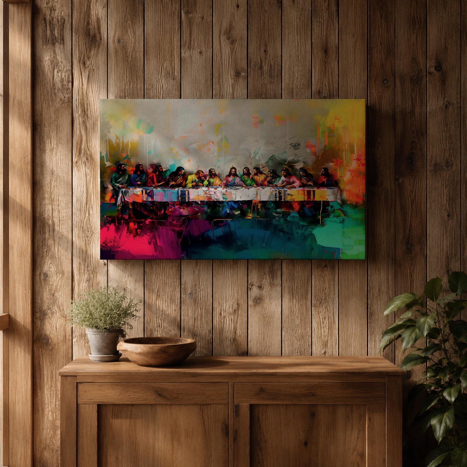 Last Supper Wall Art Jesus and Apostles Framed Canvas Abstract Christian Prayer Home Decor