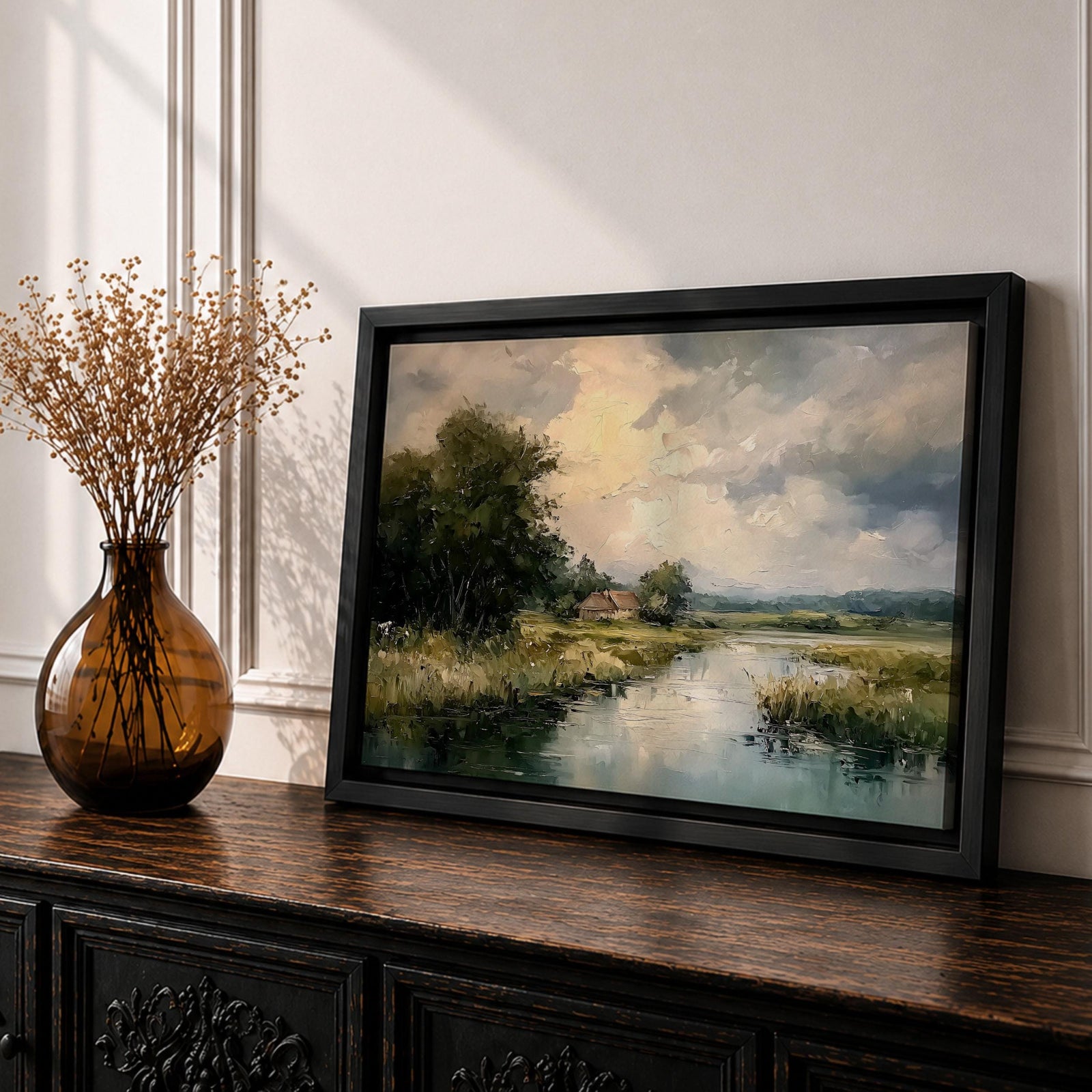 River Landscape Wall Art Riverside Framed Canvas Countryside Meadow Rustic Cottage Home Decor