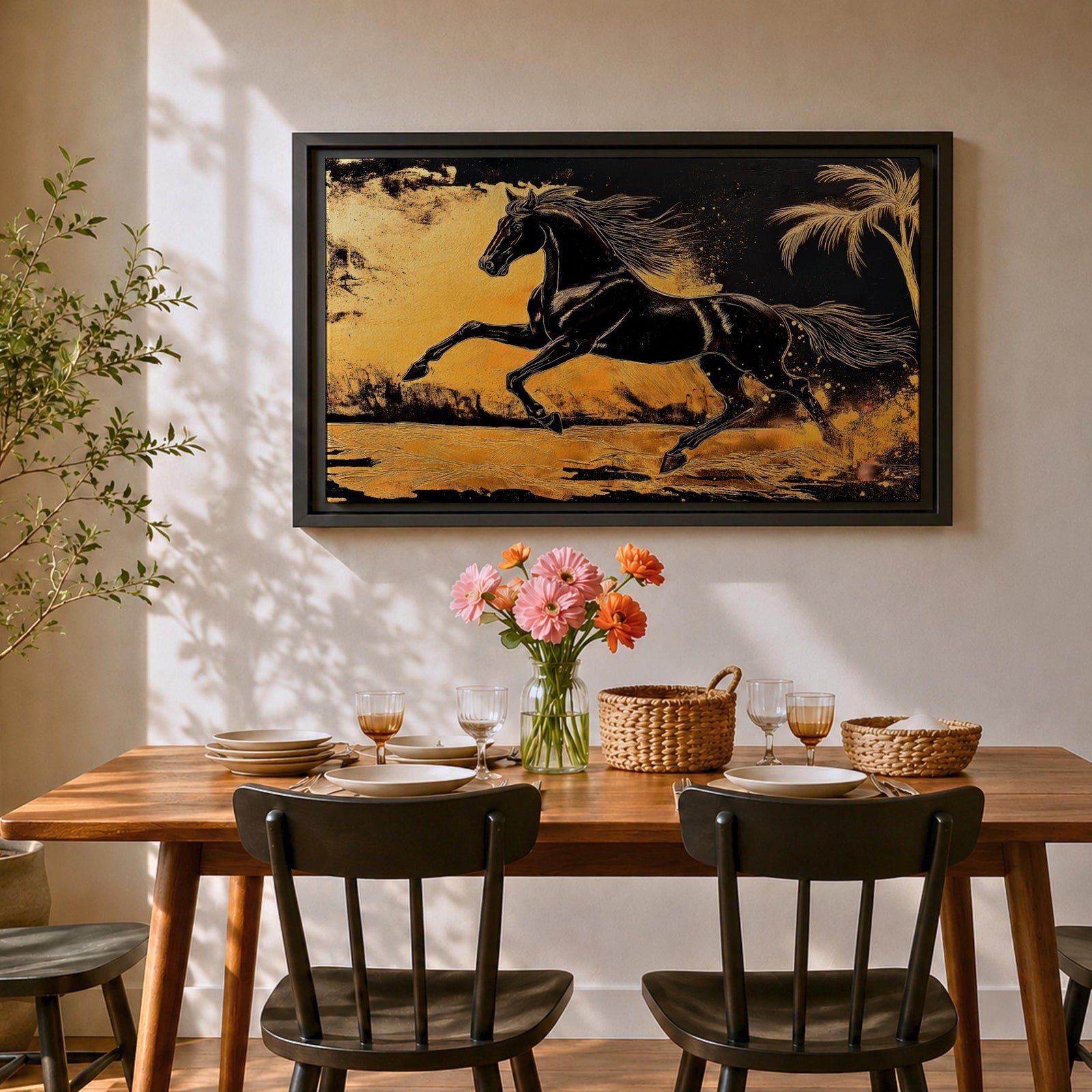 Horse Wall Art Stallion Framed Canvas Wild Mustang Galloping Wildlife Western Living Room Decor