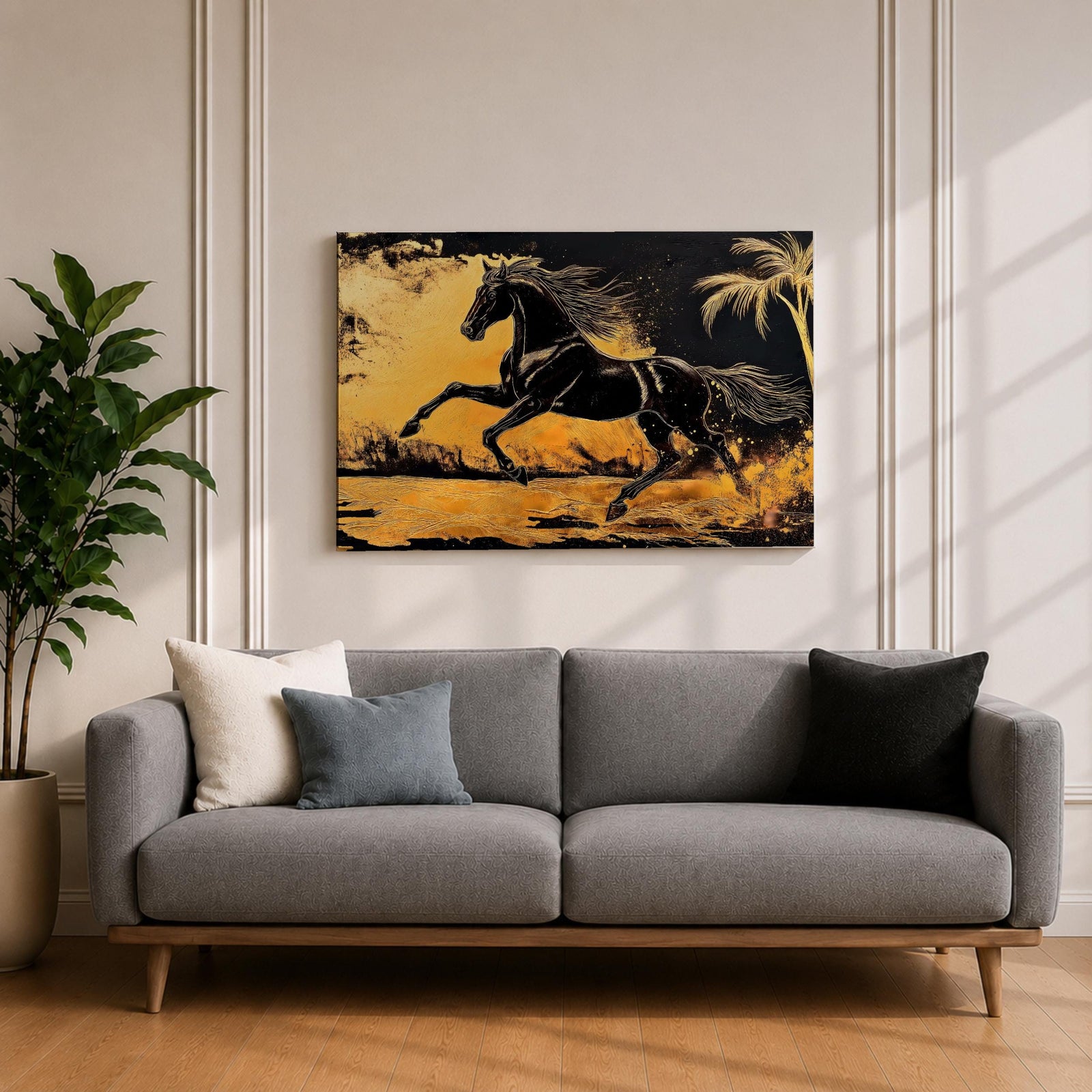Horse Wall Art Stallion Framed Canvas Wild Mustang Galloping Wildlife Western Living Room Decor