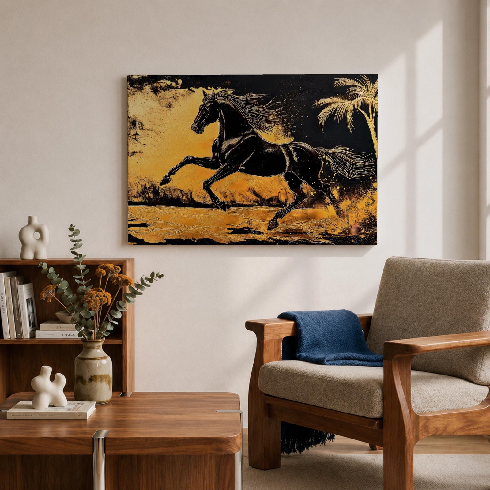Horse Wall Art Stallion Framed Canvas Wild Mustang Galloping Wildlife Western Living Room Decor