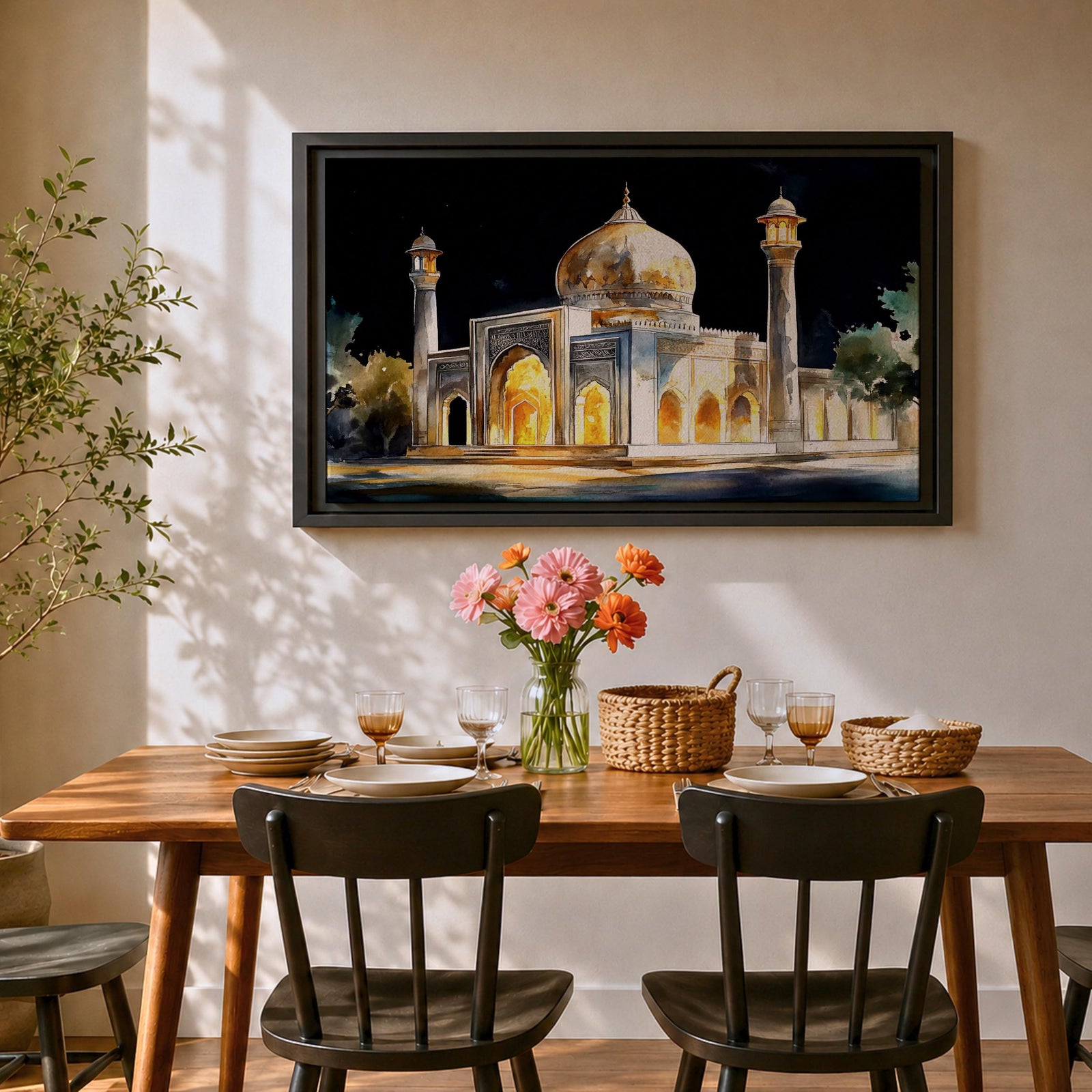 Taj Mahal Wall Art Night View Framed Canvas Mausoleum Watercolor Agra Home Decor