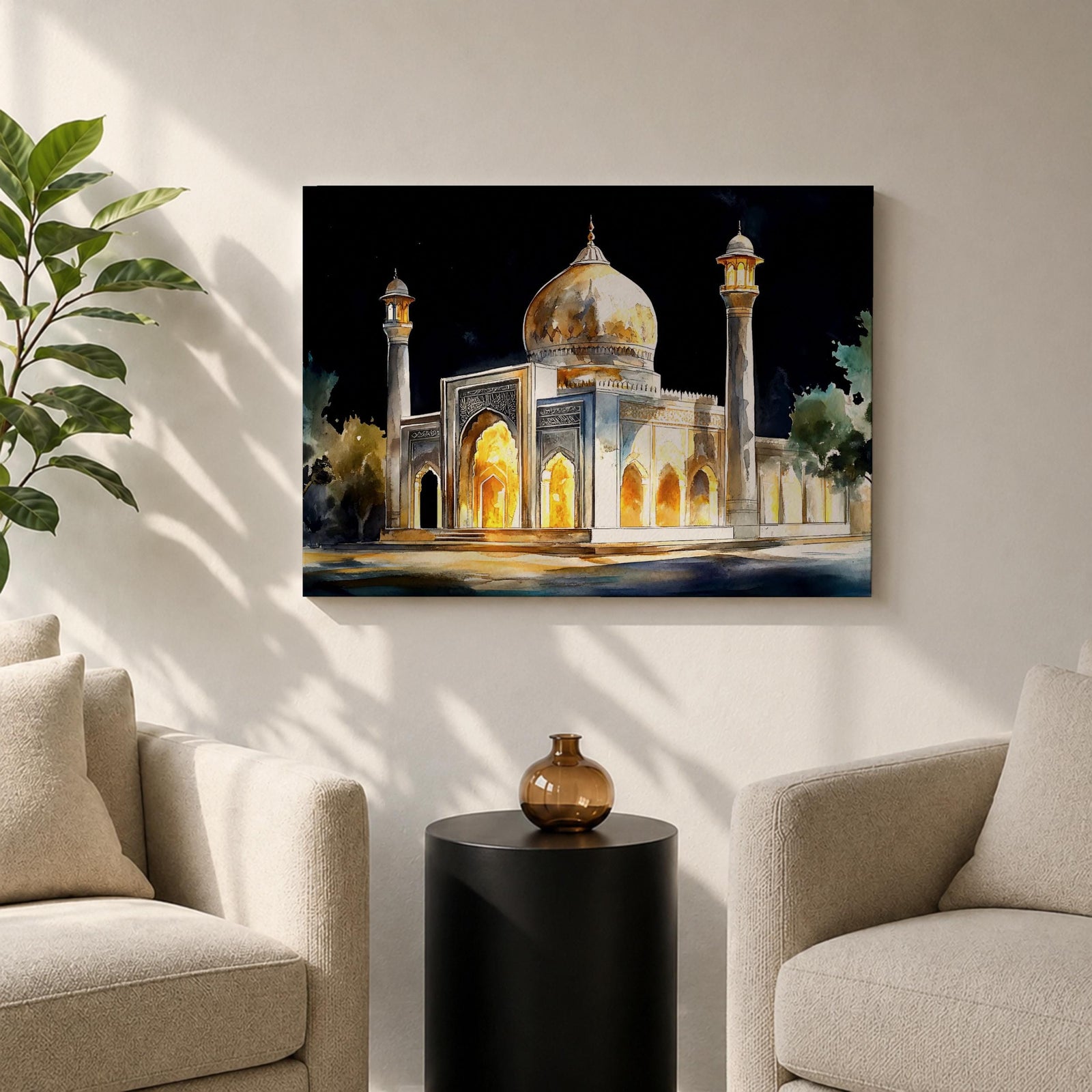 Taj Mahal Wall Art Night View Framed Canvas Mausoleum Watercolor Agra Home Decor