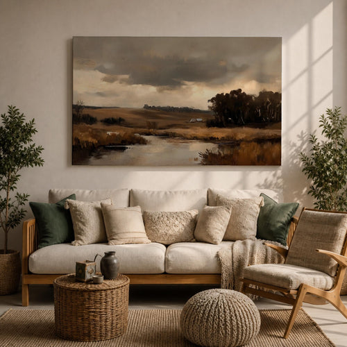 Countryside Landscape Wall Art Pastoral Framed Canvas Rustic Farm Meadow Vintage Cottage Home Decor