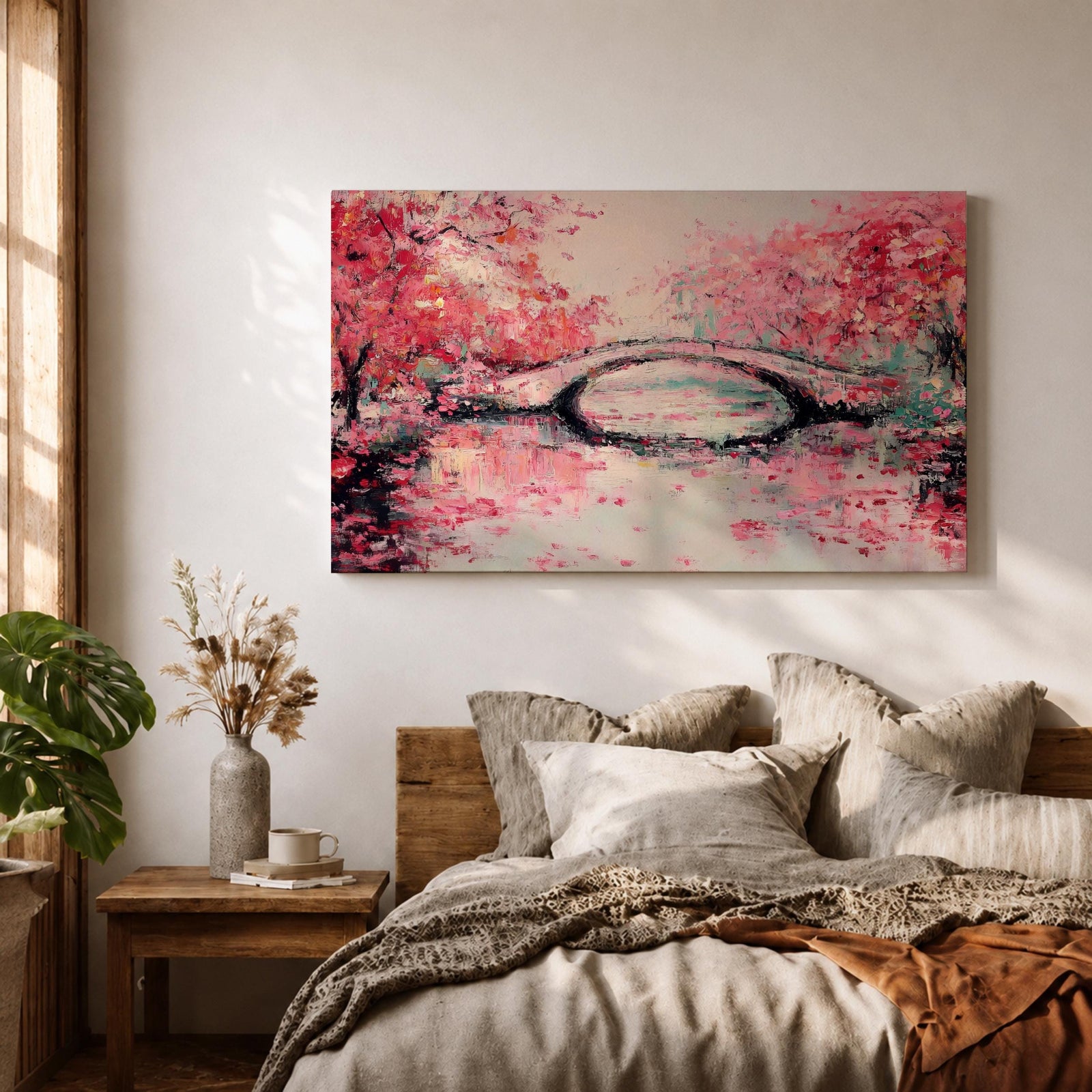 Cherry Blossom Bridge Wall Art Sakura Framed Canvas Japanese Garden Impasto Boho Home Decor