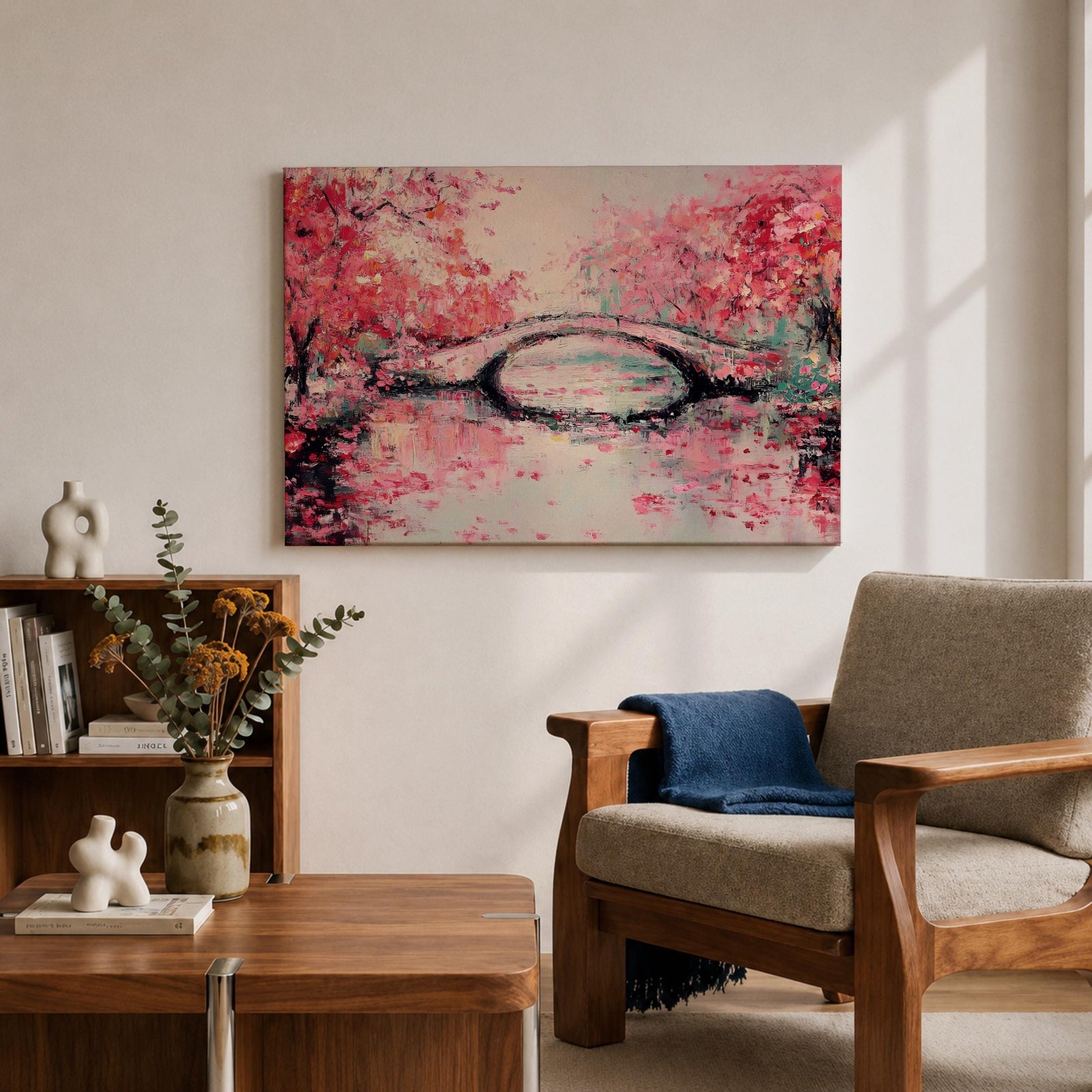 Cherry Blossom Bridge Wall Art Sakura Framed Canvas Japanese Garden Impasto Boho Home Decor