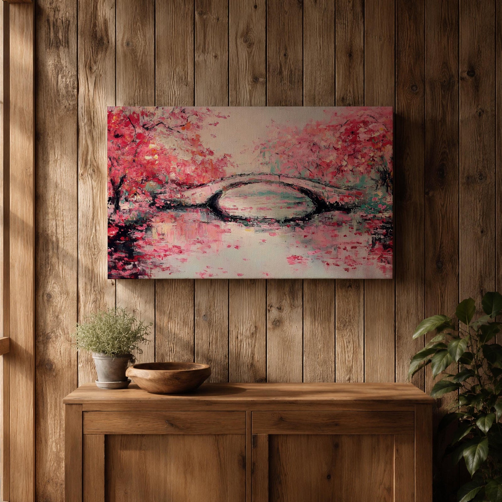 Cherry Blossom Bridge Wall Art Sakura Framed Canvas Japanese Garden Impasto Boho Home Decor
